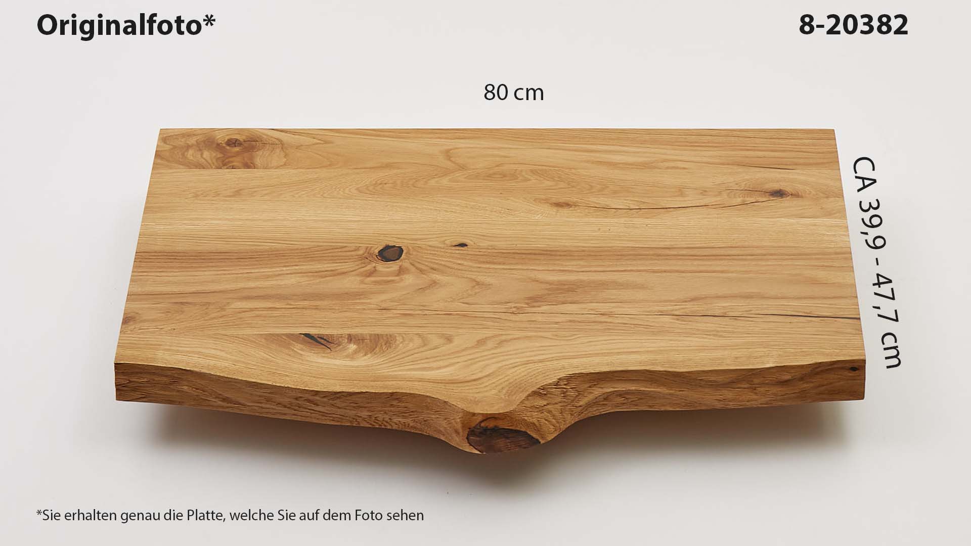 Eichenholz-Tischplatte Nummer 8-20382, Länge 80 cm cm, Breite ca. 39.9 cm–47.7 cm, mit gebürsteter Baumkante, geschliffen, 2 Schichten italienisches Öl, Äste und Risse mit Epoxidharz