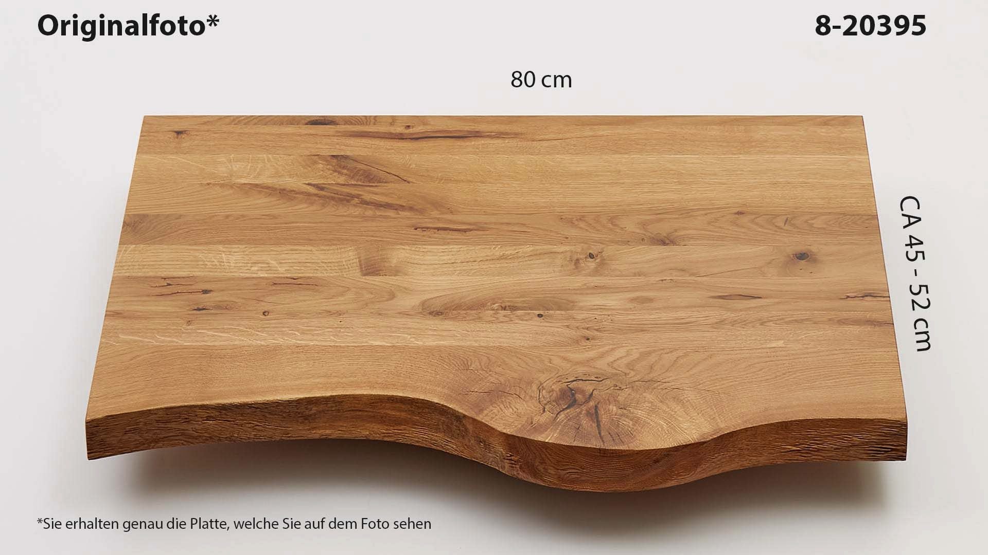 Eichenholz-Tischplatte Nummer 8-20395, Länge 80 cm cm, Breite ca. 45 cm–52 cm, mit gebürsteter Baumkante, geschliffen, 2 Schichten italienisches Öl, Äste und Risse mit Epoxidharz