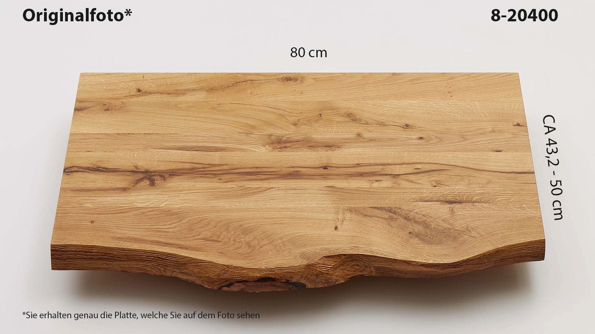 Eichenholz-Tischplatte Nummer 8-20400, Länge 80 cm cm, Breite ca. 43.2 cm–50 cm, mit gebürsteter Baumkante, geschliffen, 2 Schichten italienisches Öl, Äste und Risse mit Epoxidharz