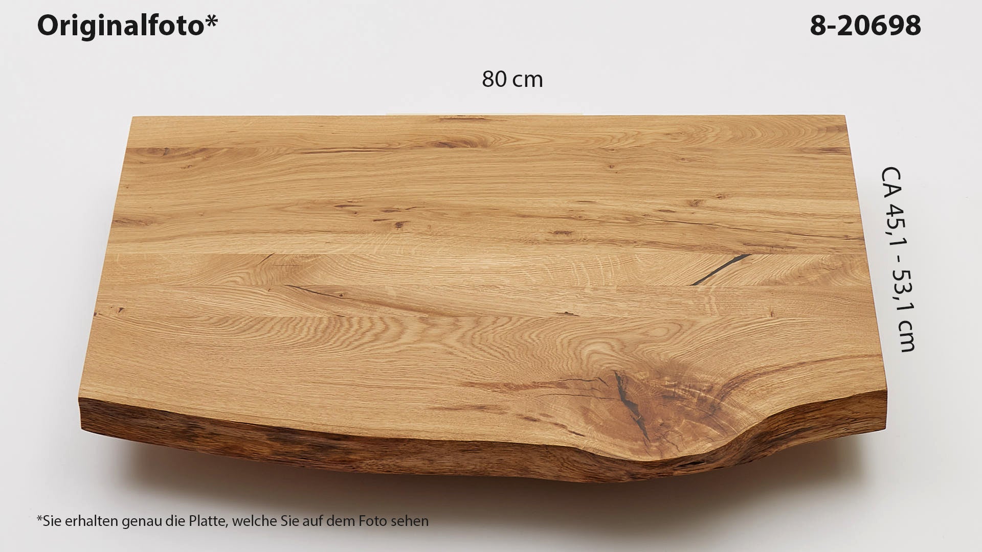 Eichenholz-Tischplatte Nummer 8-20698, Länge 80 cm cm, Breite ca. 45.1 cm–53.1 cm, mit gebürsteter Baumkante, geschliffen, 2 Schichten italienisches Öl, Äste und Risse mit Epoxidharz