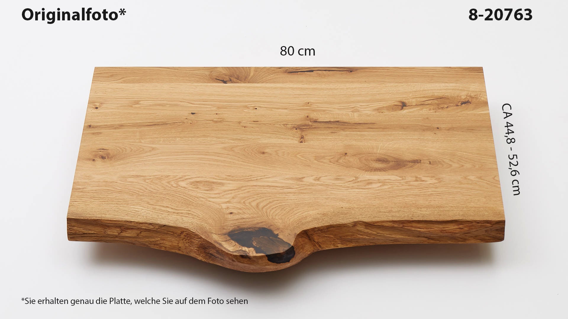 Eichenholz-Tischplatte Nummer 8-20763, Länge 80 cm cm, Breite ca. 44.8 cm–52.6 cm, mit gebürsteter Baumkante, geschliffen, 2 Schichten italienisches Öl, Äste und Risse mit Epoxidharz