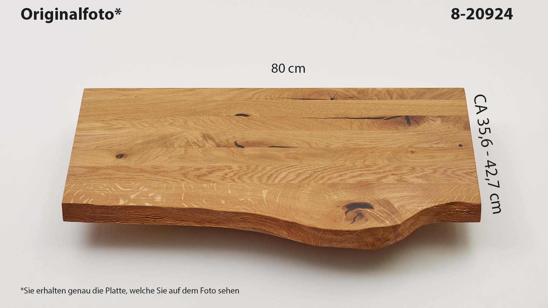 Eichenholz-Tischplatte Nummer 8-20924, Länge 80 cm cm, Breite ca. 35.6 cm–42.7 cm, mit gebürsteter Baumkante, geschliffen, 2 Schichten italienisches Öl, Äste und Risse mit Epoxidharz