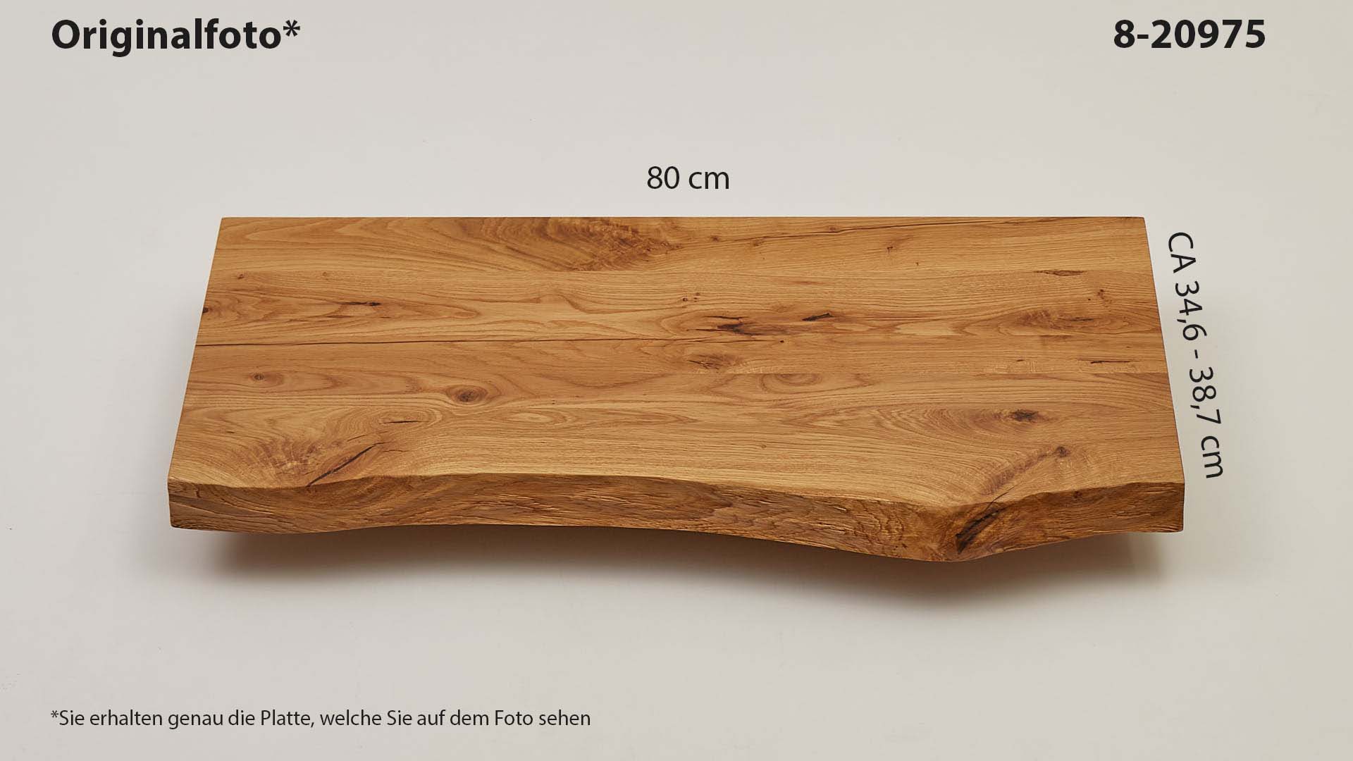 Eichenholz-Tischplatte Nummer 8-20975, Länge 80 cm cm, Breite ca. 35.3 cm–42.1 cm, mit gebürsteter Baumkante, geschliffen, 2 Schichten italienisches Öl, Äste und Risse mit Epoxidharz