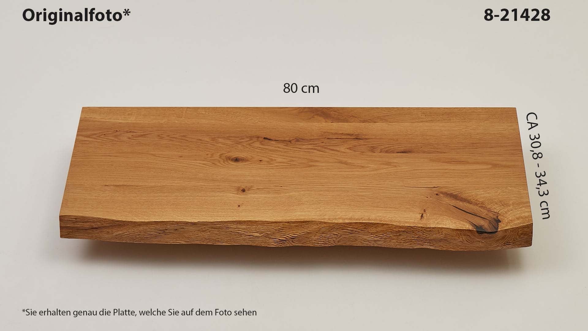 Eichenholz-Tischplatte Nummer 8-21428, Länge 80 cm cm, Breite ca. 30.8 cm–34.3 cm, mit gebürsteter Baumkante, geschliffen, 2 Schichten italienisches Öl, Äste und Risse mit Epoxidharz