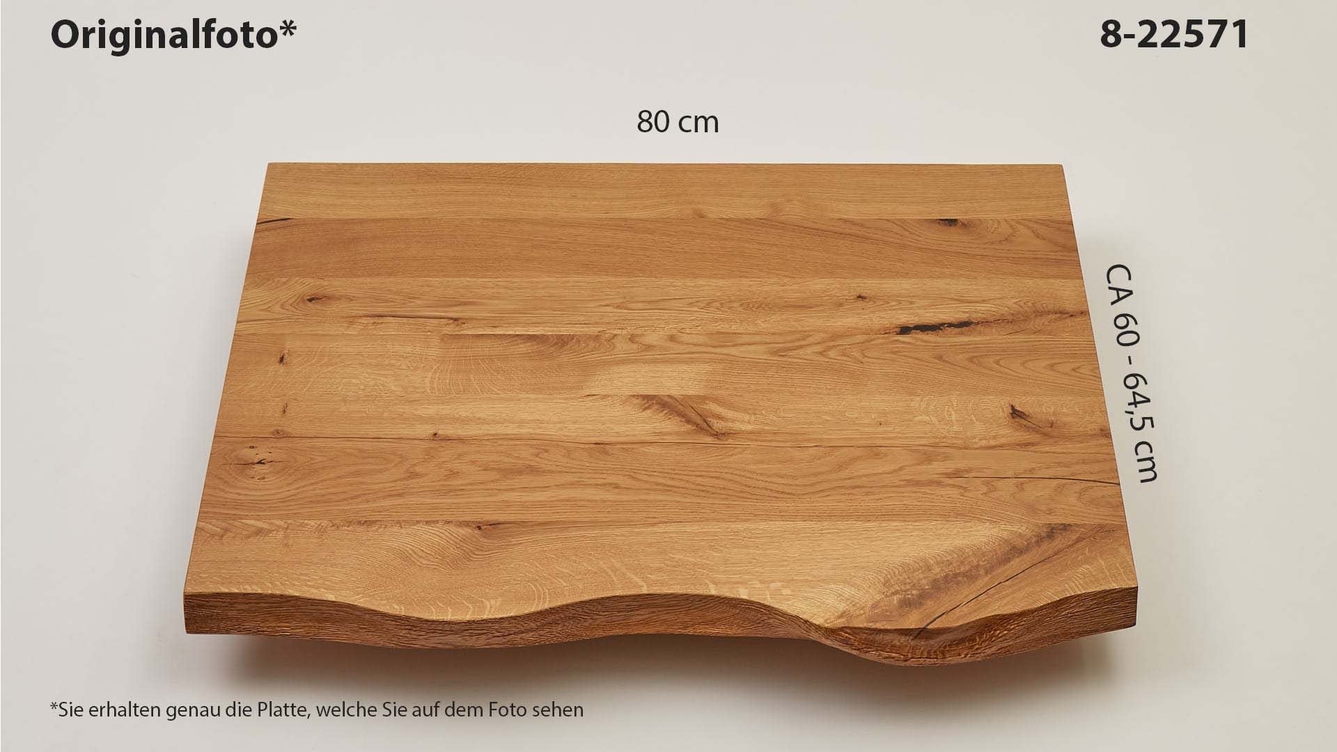 Eichenholz-Tischplatte Nummer 8-22571, Länge 80 cm cm, Breite ca. 60 cm–64.5 cm, mit gebürsteter Baumkante, geschliffen, 2 Schichten italienisches Öl, Äste und Risse mit Epoxidharz