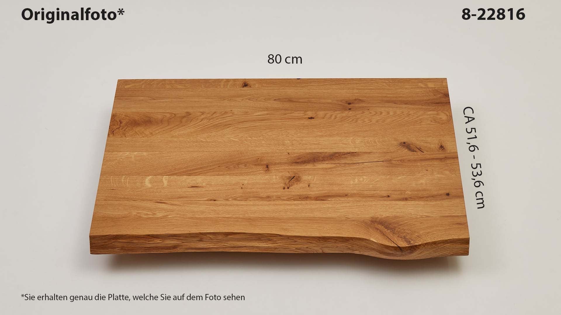 Eichenholz-Tischplatte Nummer 8-22816, Länge 80 cm cm, Breite ca. 51.6 cm–53.6 cm, mit gebürsteter Baumkante, geschliffen, 2 Schichten italienisches Öl, Äste und Risse mit Epoxidharz