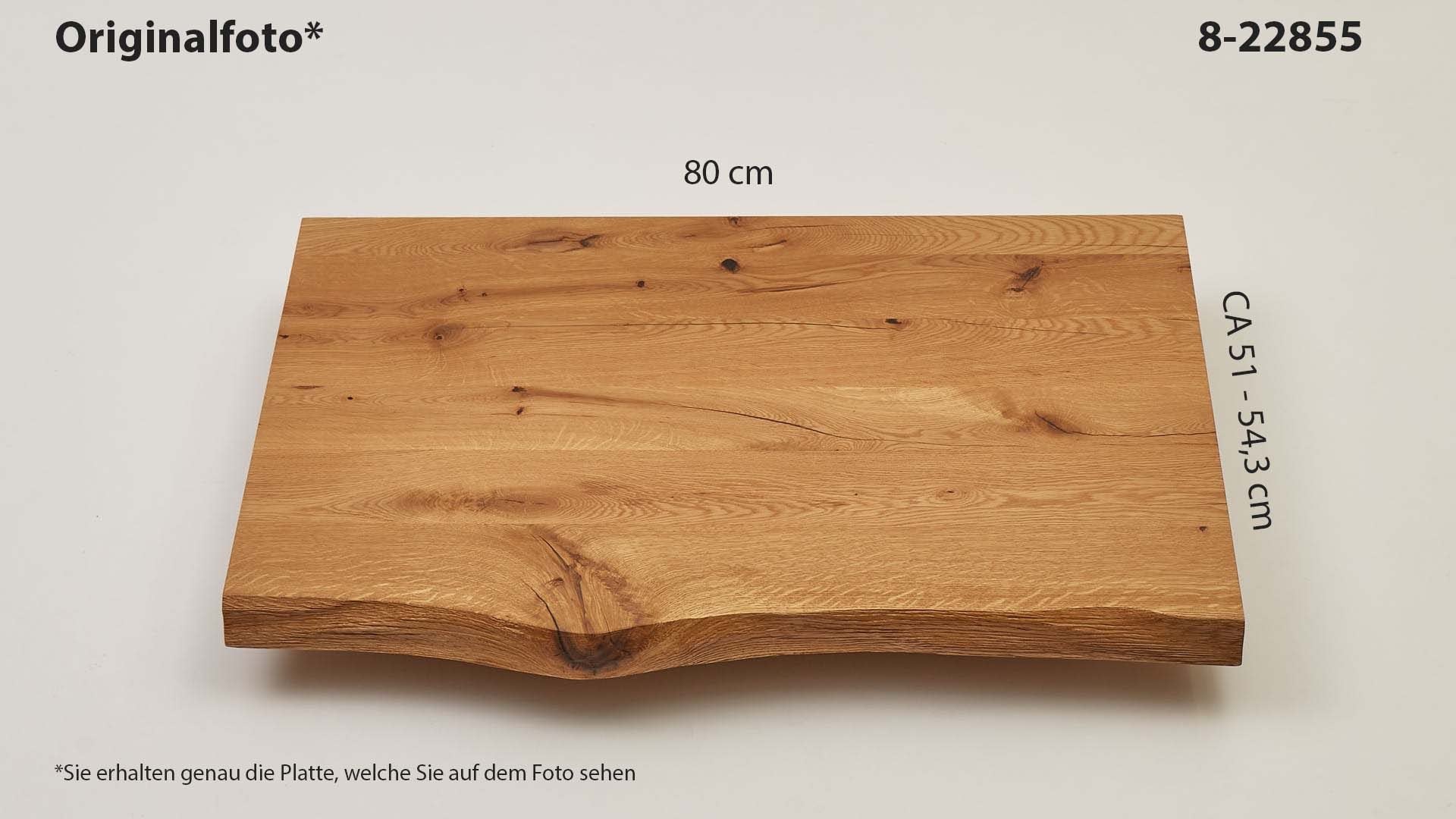 Eichenholz-Tischplatte Nummer 8-22855, Länge 80 cm cm, Breite ca. 51 cm–54.3 cm, mit gebürsteter Baumkante, geschliffen, 2 Schichten italienisches Öl, Äste und Risse mit Epoxidharz
