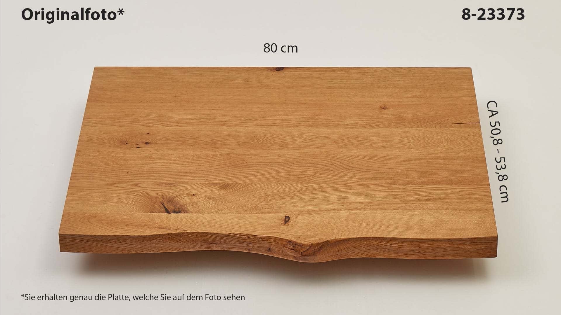 Eichenholz-Tischplatte Nummer 8-23373, Länge 80 cm cm, Breite ca. 50.8 cm–53.8 cm, mit gebürsteter Baumkante, geschliffen, 2 Schichten italienisches Öl, Äste und Risse mit Epoxidharz