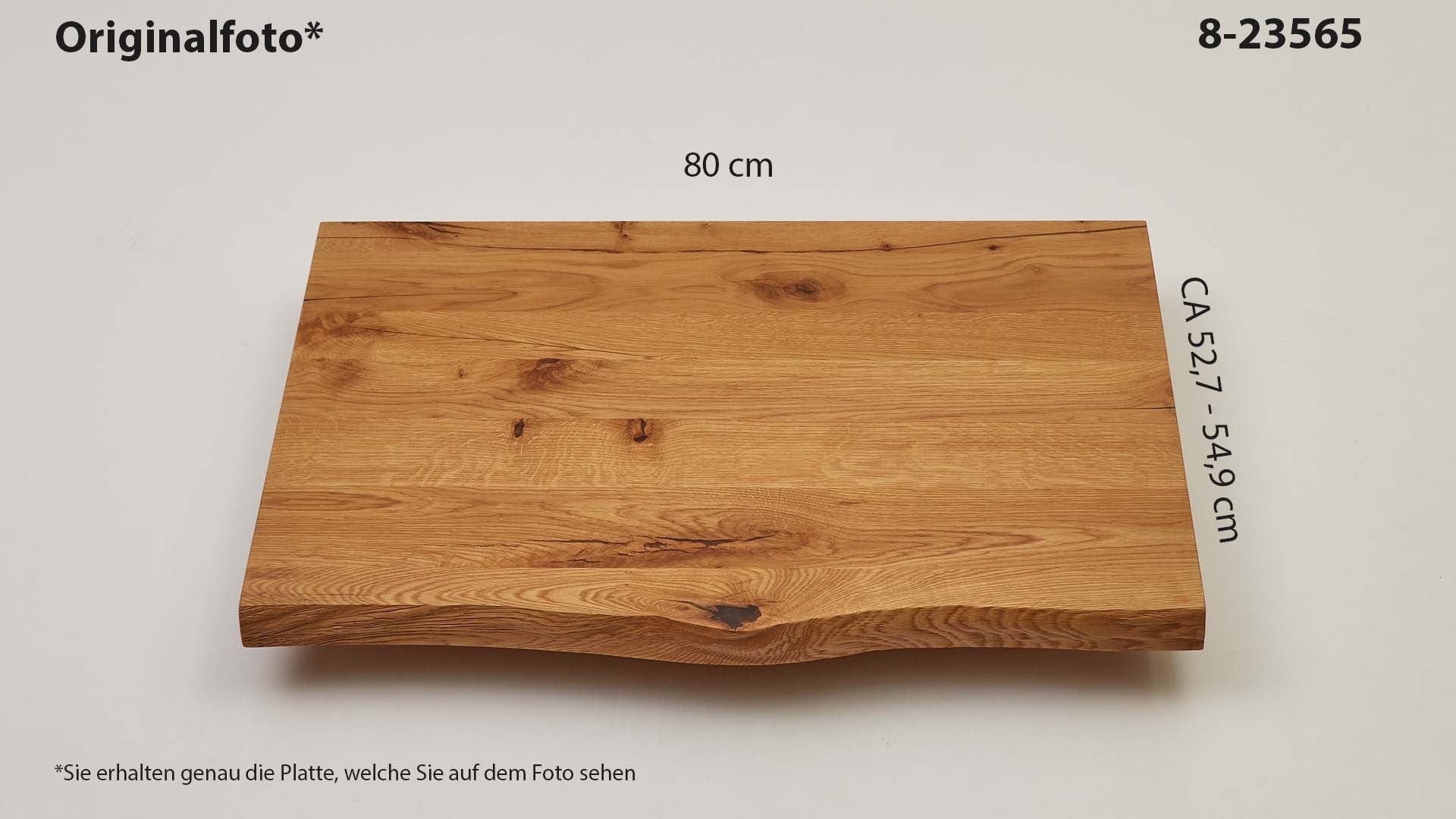 Eichenholz-Tischplatte Nummer 8-23565, Länge 80 cm cm, Breite ca. 52.7 cm–54.9 cm, mit gebürsteter Baumkante, geschliffen, 2 Schichten italienisches Öl, Äste und Risse mit Epoxidharz