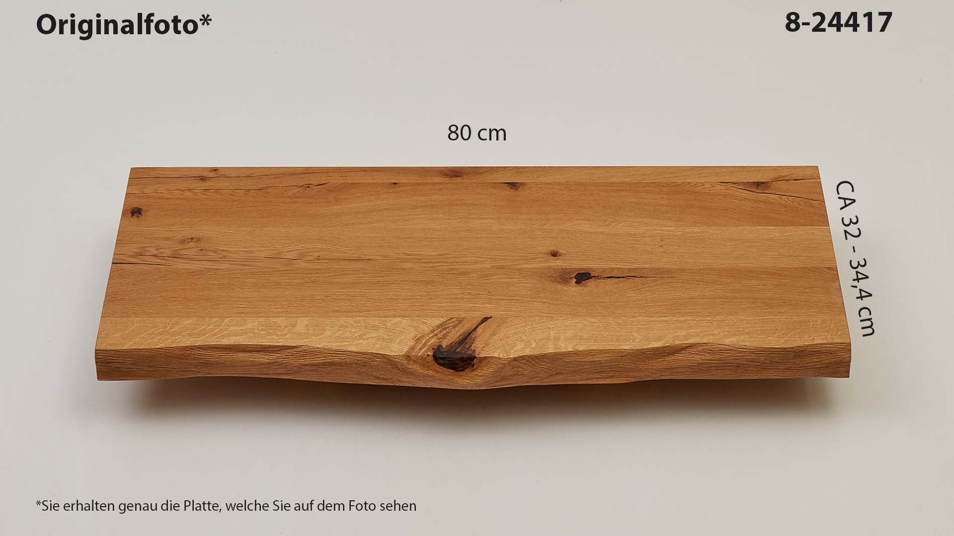 Eichenholz-Tischplatte Nummer 8-24417, Länge 80 cm cm, Breite ca. 32 cm–34.4 cm, mit gebürsteter Baumkante, geschliffen, 2 Schichten italienisches Öl, Äste und Risse mit Epoxidharz