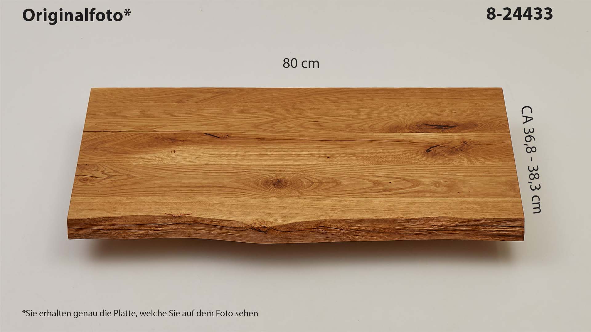 Eichenholz-Tischplatte Nummer 8-24433, Länge 80 cm cm, Breite ca. 36.8 cm–38.3 cm, mit gebürsteter Baumkante, geschliffen, 2 Schichten italienisches Öl, Äste und Risse mit Epoxidharz