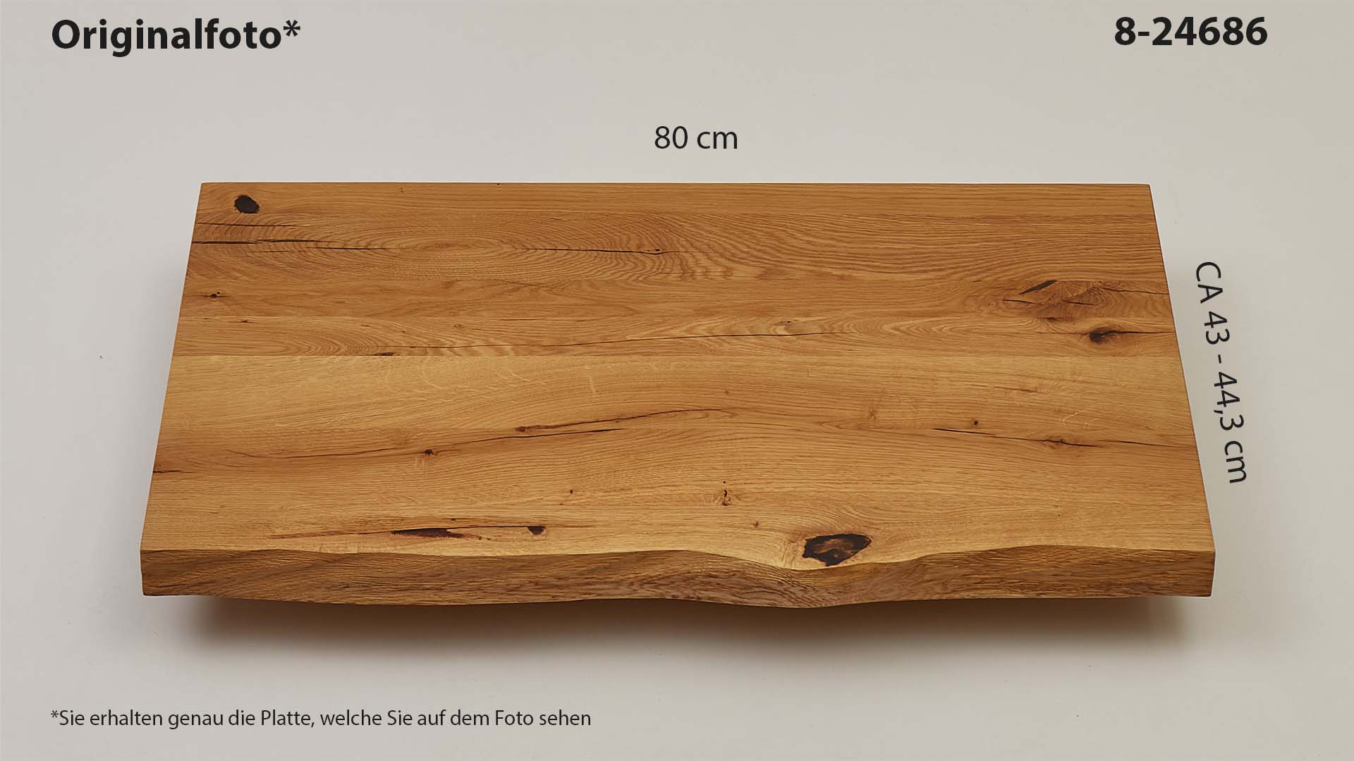 Eichenholz-Tischplatte Nummer 8-24686, Länge 80 cm cm, Breite ca. 43 cm–44.3 cm, mit gebürsteter Baumkante, geschliffen, 2 Schichten italienisches Öl, Äste und Risse mit Epoxidharz