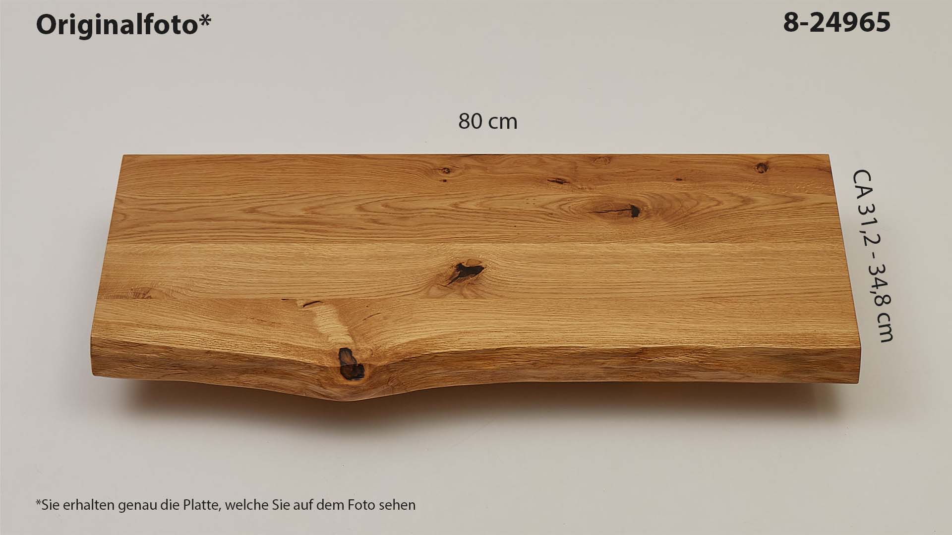 Eichenholz-Tischplatte Nummer 8-24965, Länge 80 cm cm, Breite ca. 31.2 cm–34.8 cm, mit gebürsteter Baumkante, geschliffen, 2 Schichten italienisches Öl, Äste und Risse mit Epoxidharz