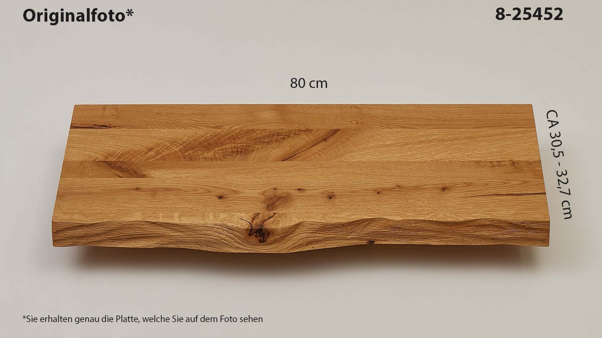 Eichenholz-Tischplatte Nummer 8-25452, Länge 80 cm cm, Breite ca. 30.5 cm–32.7 cm, mit gebürsteter Baumkante, geschliffen, 2 Schichten italienisches Öl, Äste und Risse mit Epoxidharz
