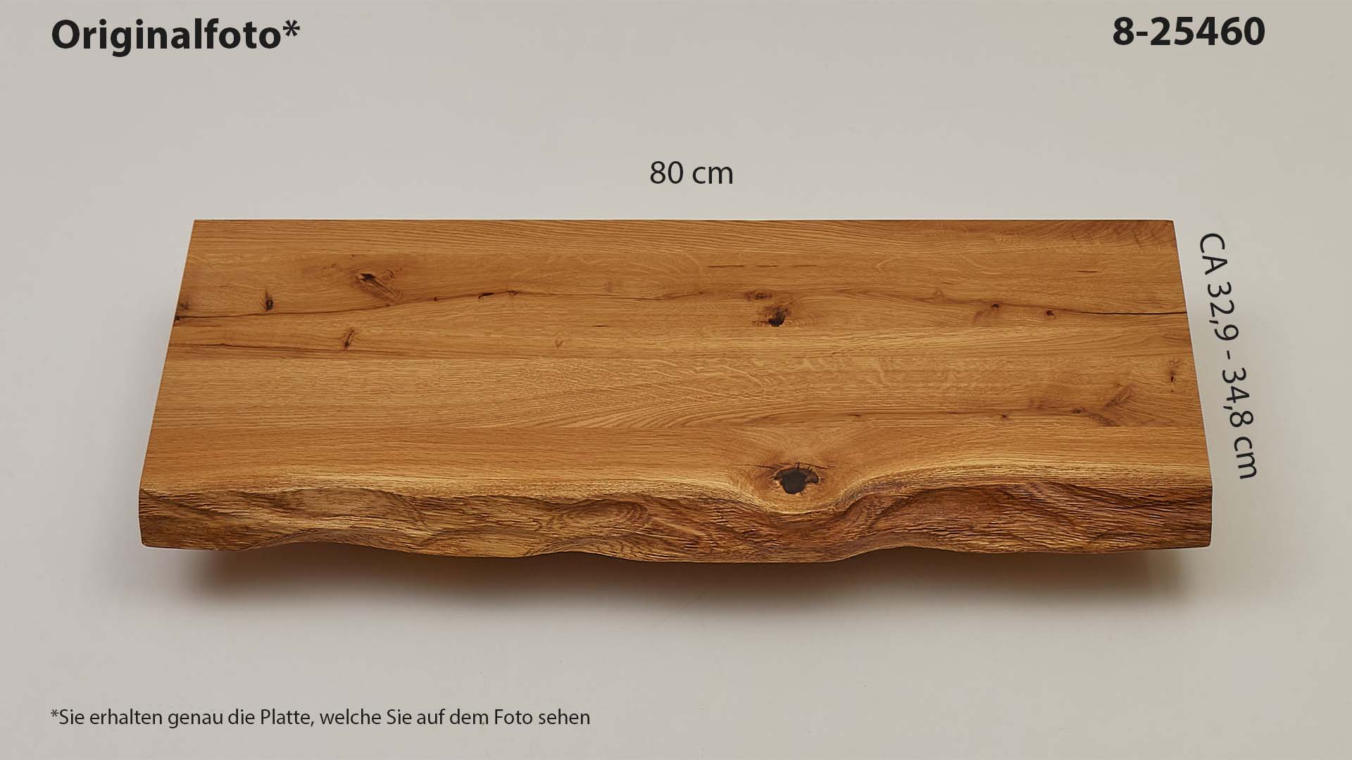 Eichenholz-Tischplatte Nummer 8-25460, Länge 80 cm cm, Breite ca. 32.9 cm–34.8 cm, mit gebürsteter Baumkante, geschliffen, 2 Schichten italienisches Öl, Äste und Risse mit Epoxidharz