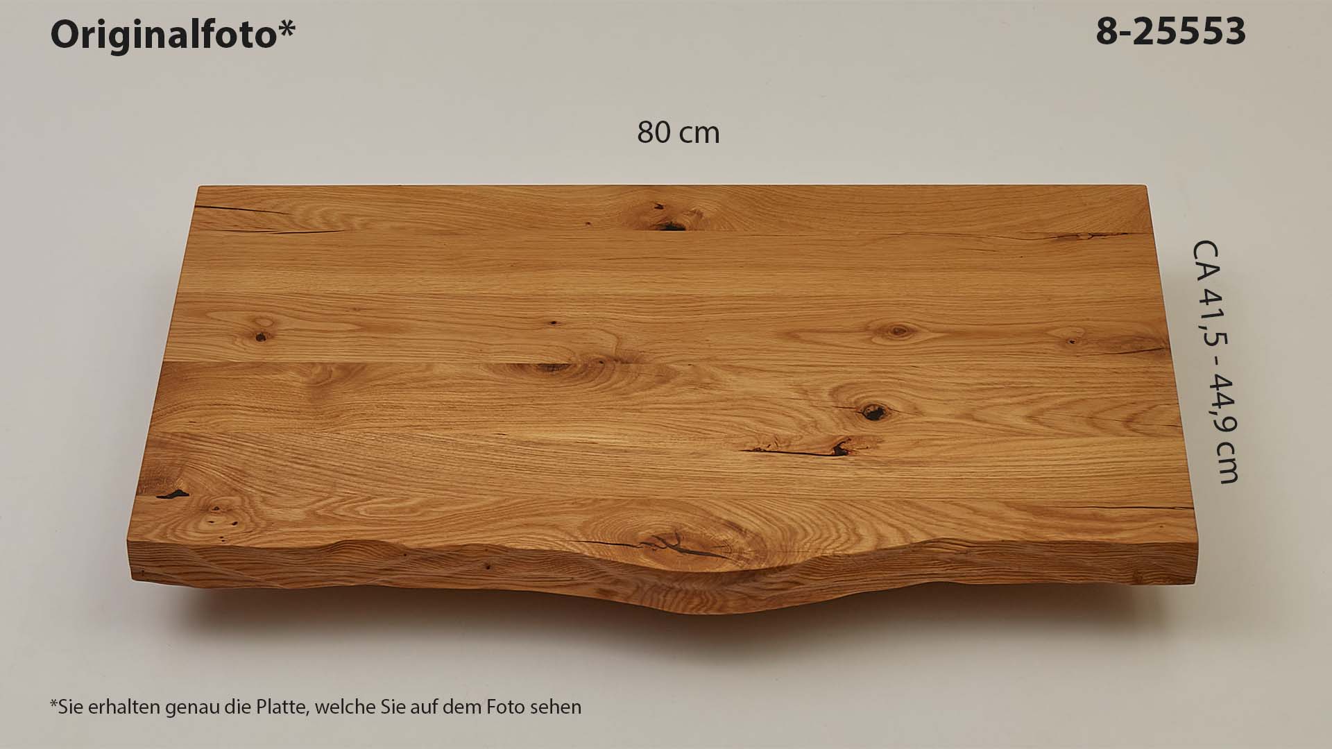 Eichenholz-Tischplatte Nummer 8-25553, Länge 80 cm cm, Breite ca. 41.5 cm–44.9 cm, mit gebürsteter Baumkante, geschliffen, 2 Schichten italienisches Öl, Äste und Risse mit Epoxidharz