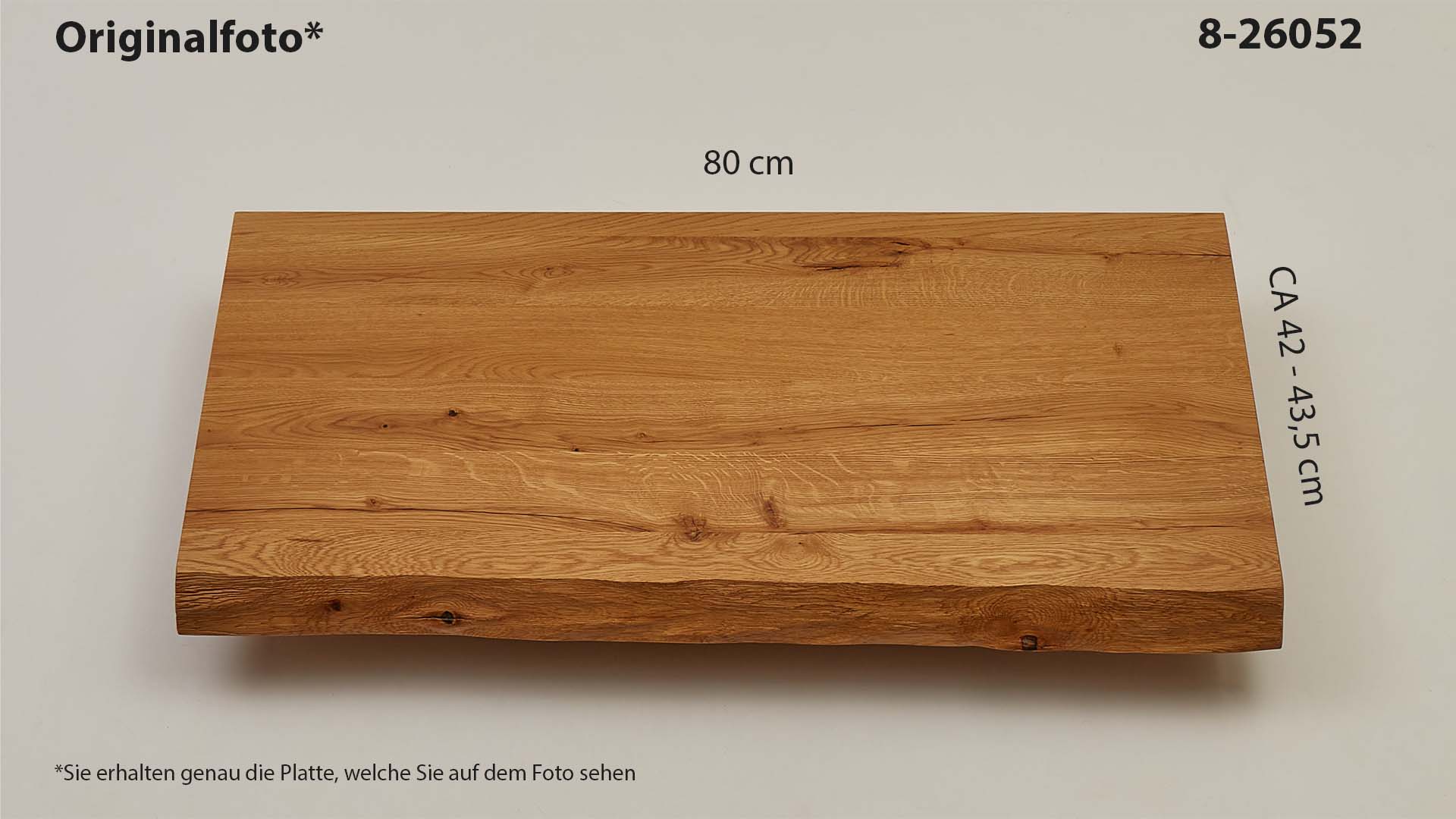 Eichenholz-Tischplatte Nummer 8-26052, Länge 80 cm cm, Breite ca. 42 cm–43.5 cm, mit gebürsteter Baumkante, geschliffen, 2 Schichten italienisches Öl, Äste und Risse mit Epoxidharz