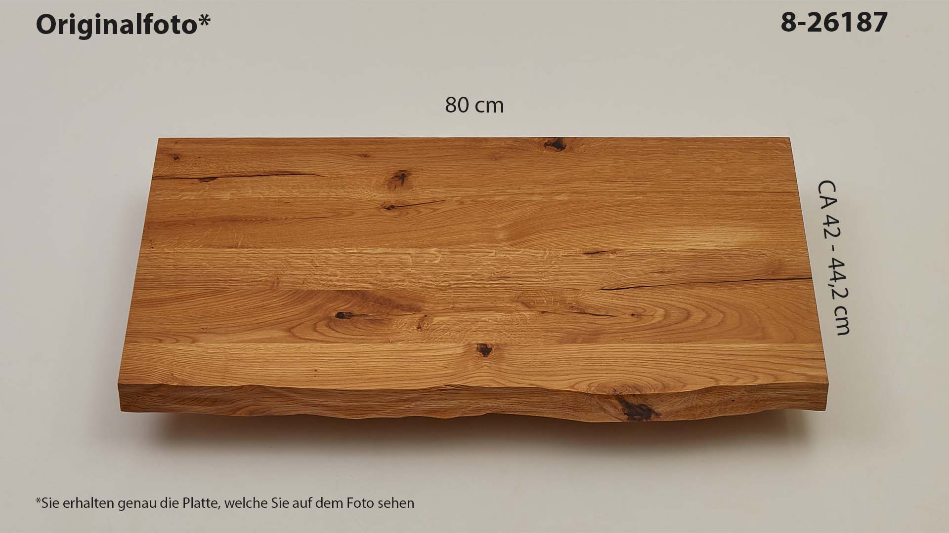 Eichenholz-Tischplatte Nummer 8-26187, Länge 80 cm cm, Breite ca. 42 cm–44.2 cm, mit gebürsteter Baumkante, geschliffen, 2 Schichten italienisches Öl, Äste und Risse mit Epoxidharz