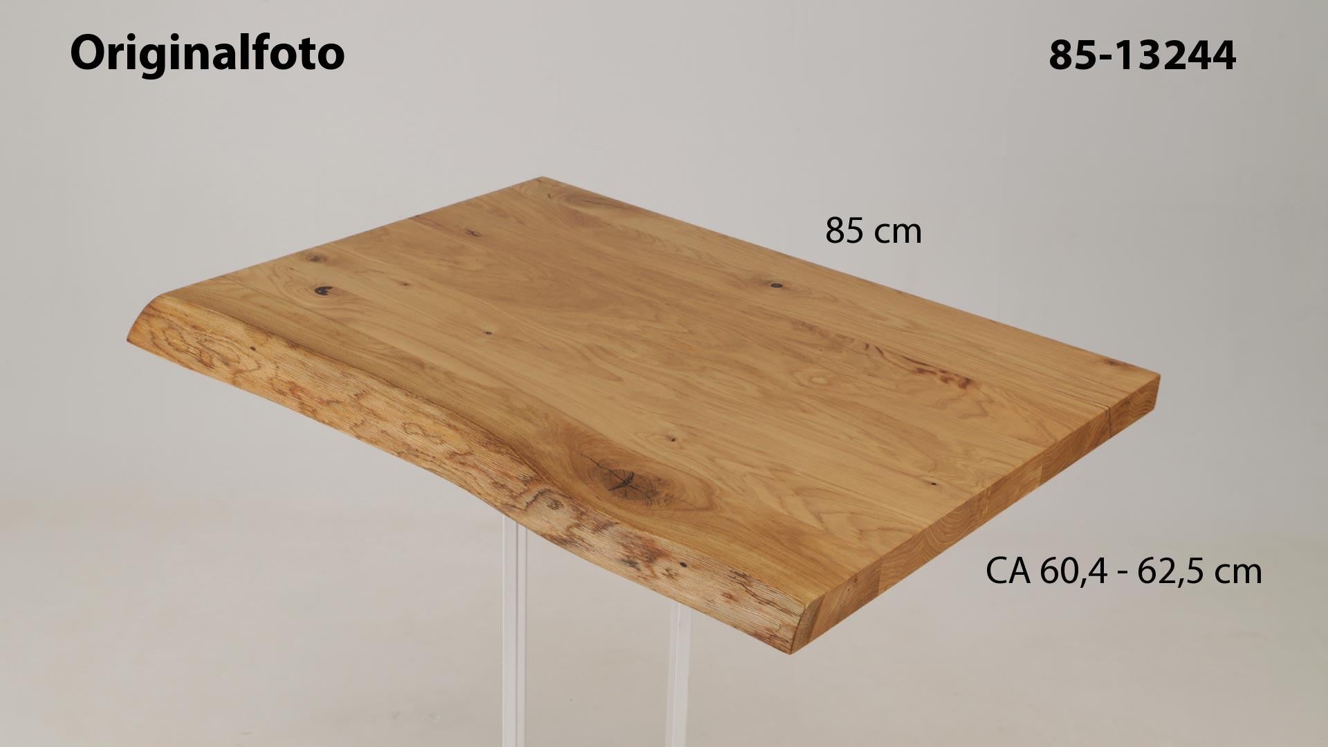 Eichenholz-Tischplatte Nummer 85-13244, Länge 85 cm cm, Breite ca. 60.4 cm–62.5 cm, mit gebürsteter Baumkante, geschliffen, 2 Schichten italienisches Öl, Äste und Risse mit Epoxidharz