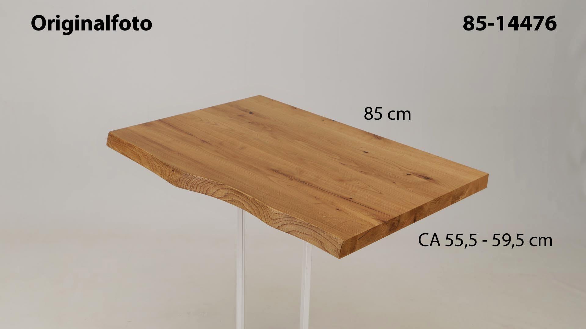 Eichenholz-Tischplatte Nummer 85-14476, Länge 85 cm cm, Breite ca. 55.5 cm–59.5 cm, mit gebürsteter Baumkante, geschliffen, 2 Schichten italienisches Öl, Äste und Risse mit Epoxidharz