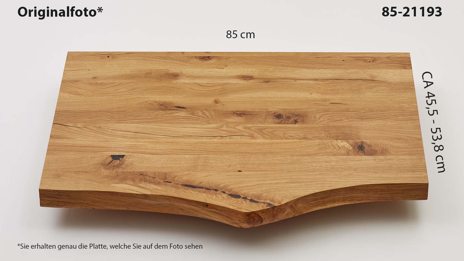 Eichenholz-Tischplatte Nummer 85-21193, Länge 85 cm cm, Breite ca. 45.5 cm–53.8 cm, mit gebürsteter Baumkante, geschliffen, 2 Schichten italienisches Öl, Äste und Risse mit Epoxidharz