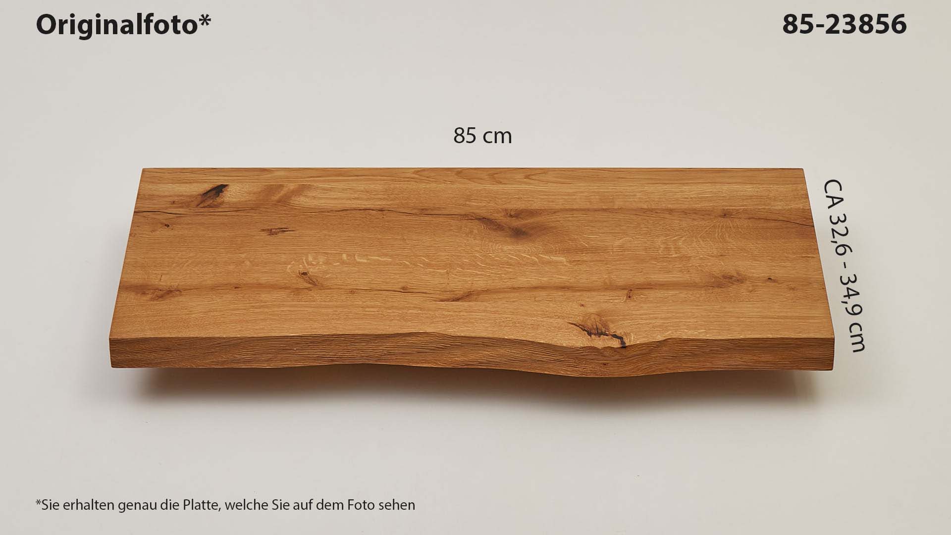 Eichenholz-Tischplatte Nummer 85-23856, Länge 85 cm cm, Breite ca. 32.6 cm–34.9 cm, mit gebürsteter Baumkante, geschliffen, 2 Schichten italienisches Öl, Äste und Risse mit Epoxidharz
