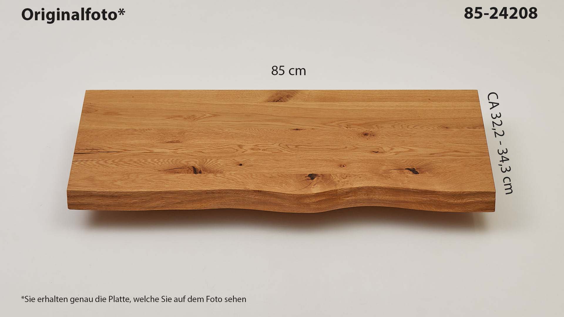 Eichenholz-Tischplatte Nummer 85-24208, Länge 85 cm cm, Breite ca. 32.2 cm–34.3 cm, mit gebürsteter Baumkante, geschliffen, 2 Schichten italienisches Öl, Äste und Risse mit Epoxidharz