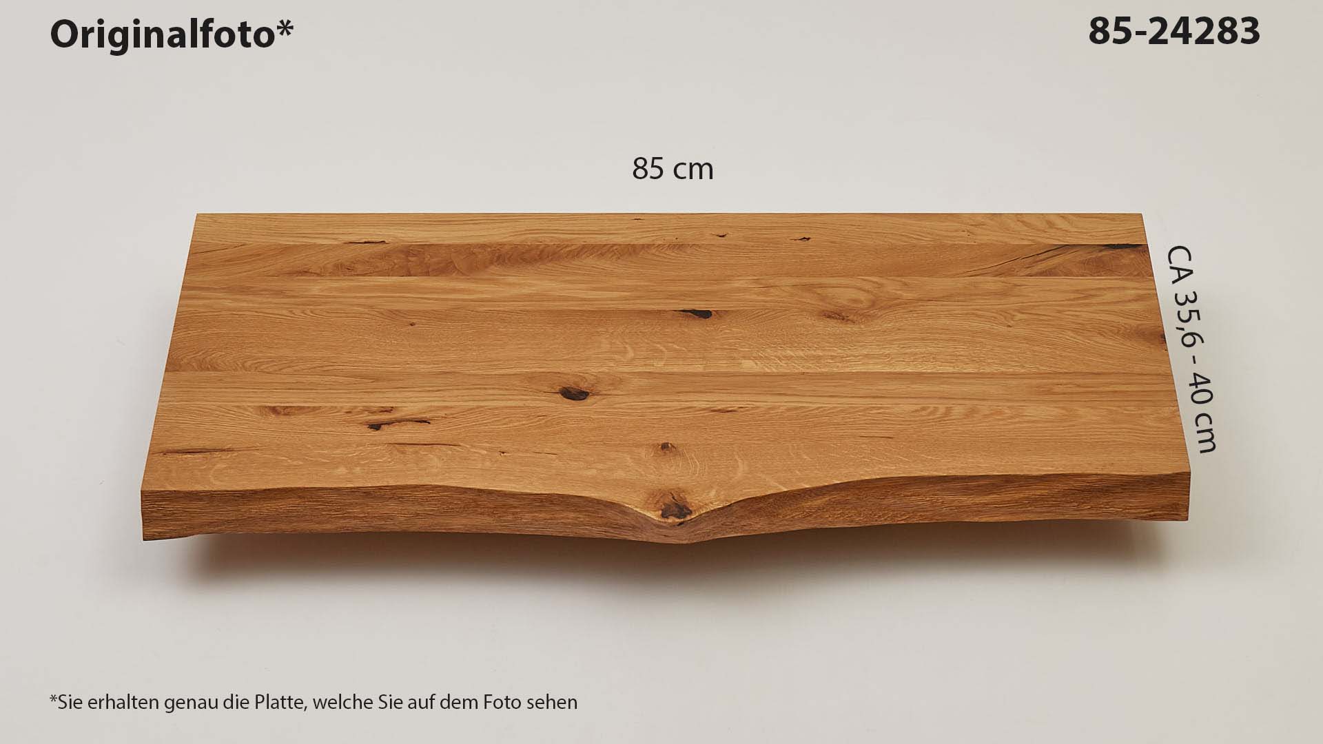 Eichenholz-Tischplatte Nummer 85-24283, Länge 85 cm cm, Breite ca. 35.6 cm–40 cm, mit gebürsteter Baumkante, geschliffen, 2 Schichten italienisches Öl, Äste und Risse mit Epoxidharz