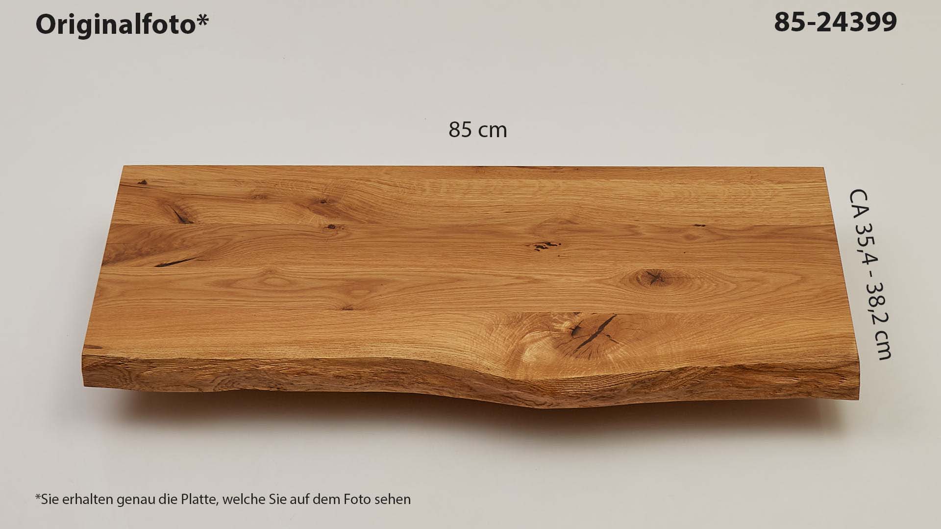 Eichenholz-Tischplatte Nummer 85-24399, Länge 85 cm cm, Breite ca. 35.4 cm–38.2 cm, mit gebürsteter Baumkante, geschliffen, 2 Schichten italienisches Öl, Äste und Risse mit Epoxidharz