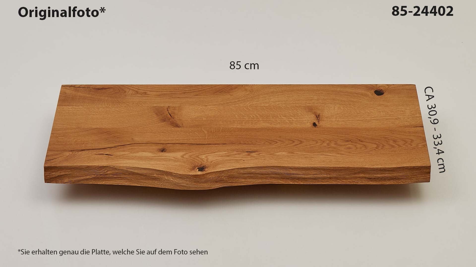 Eichenholz-Tischplatte Nummer 85-24402, Länge 85 cm cm, Breite ca. 30.9 cm–33.4 cm, mit gebürsteter Baumkante, geschliffen, 2 Schichten italienisches Öl, Äste und Risse mit Epoxidharz