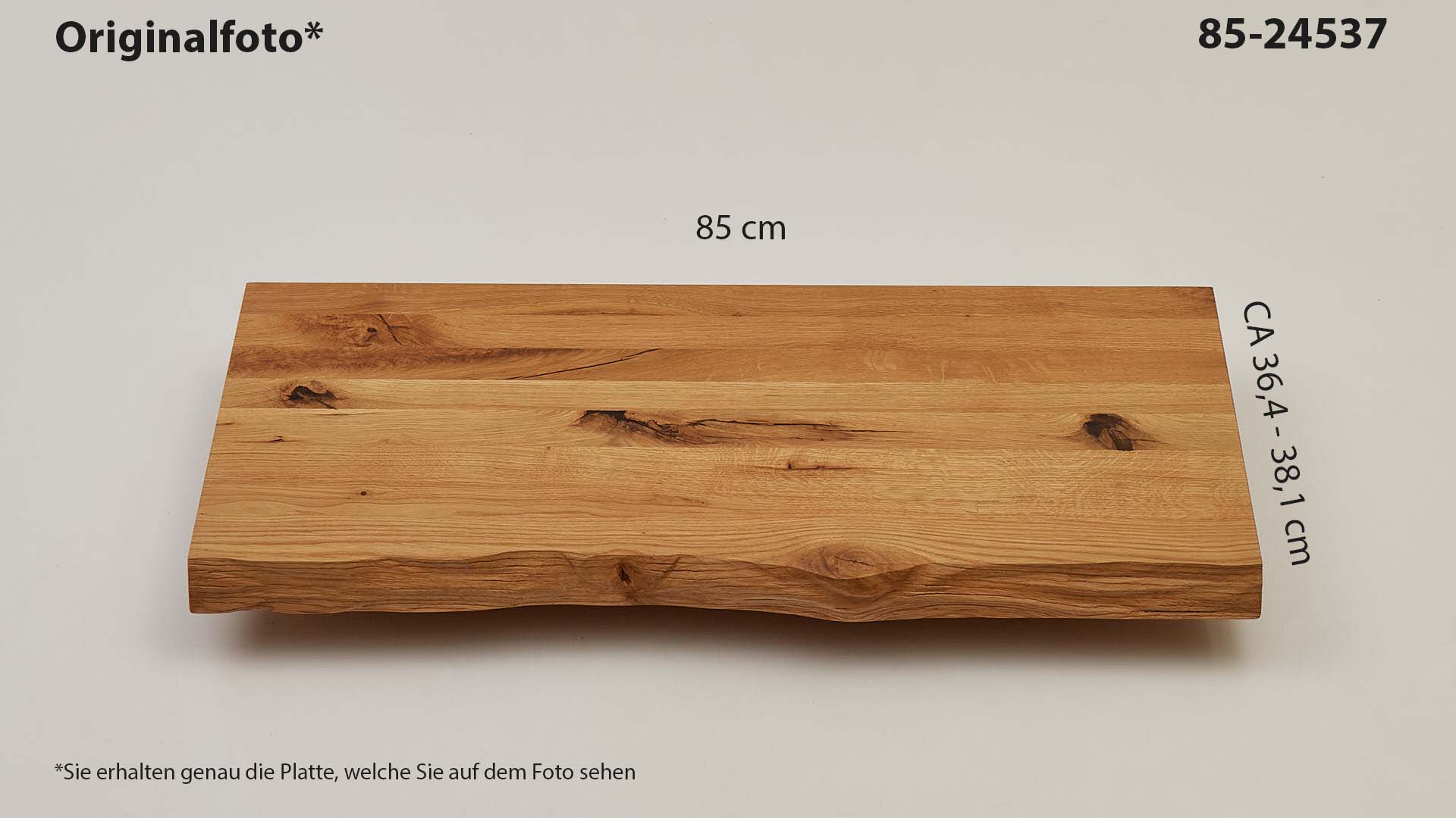 Eichenholz-Tischplatte Nummer 85-24537, Länge 85 cm cm, Breite ca. 36.4 cm–38.1 cm, mit gebürsteter Baumkante, geschliffen, 2 Schichten italienisches Öl, Äste und Risse mit Epoxidharz