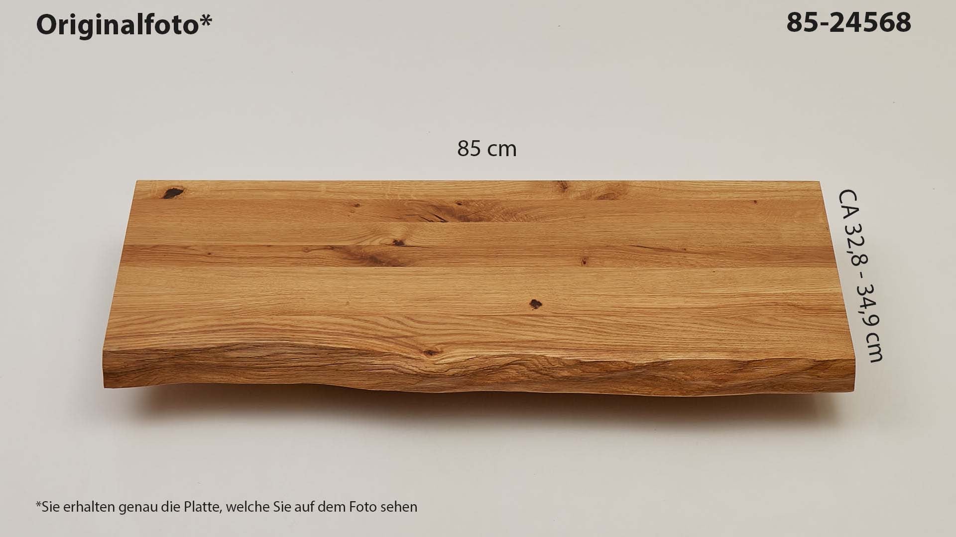 Eichenholz-Tischplatte Nummer 85-24568, Länge 85 cm cm, Breite ca. 32.8 cm–34.9 cm, mit gebürsteter Baumkante, geschliffen, 2 Schichten italienisches Öl, Äste und Risse mit Epoxidharz