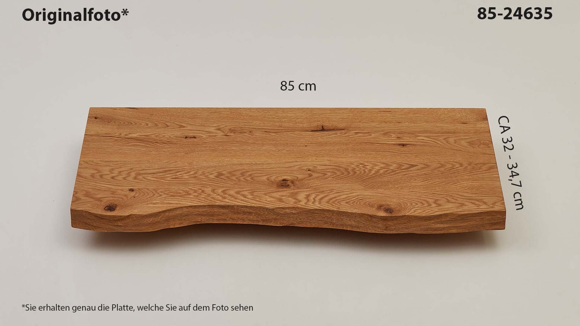 Eichenholz-Tischplatte Nummer 85-24635, Länge 85 cm cm, Breite ca. 32 cm–34.7 cm, mit gebürsteter Baumkante, geschliffen, 2 Schichten italienisches Öl, Äste und Risse mit Epoxidharz