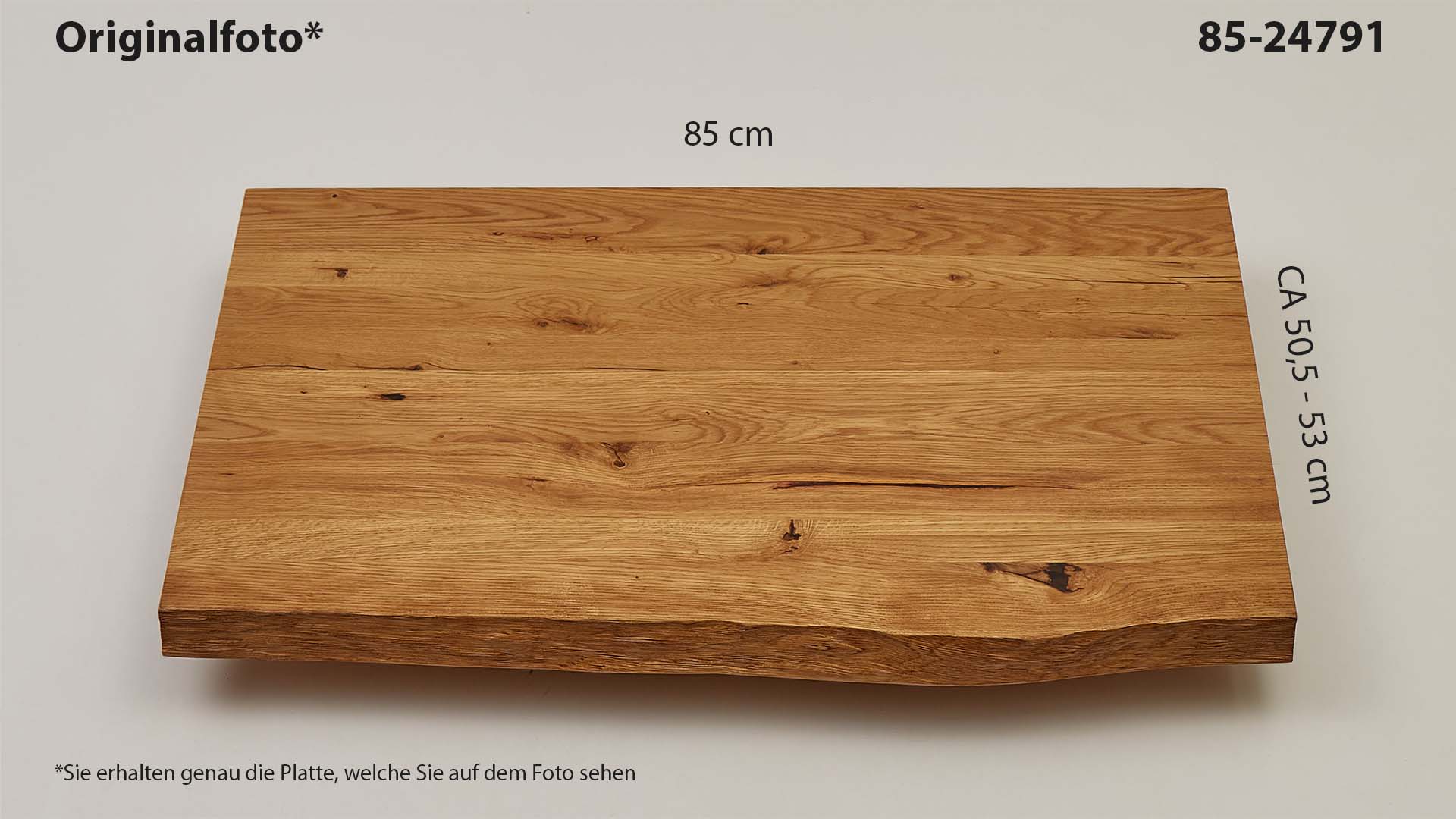 Eichenholz-Tischplatte Nummer 85-24791, Länge 85 cm cm, Breite ca. 50.5 cm–53 cm, mit gebürsteter Baumkante, geschliffen, 2 Schichten italienisches Öl, Äste und Risse mit Epoxidharz