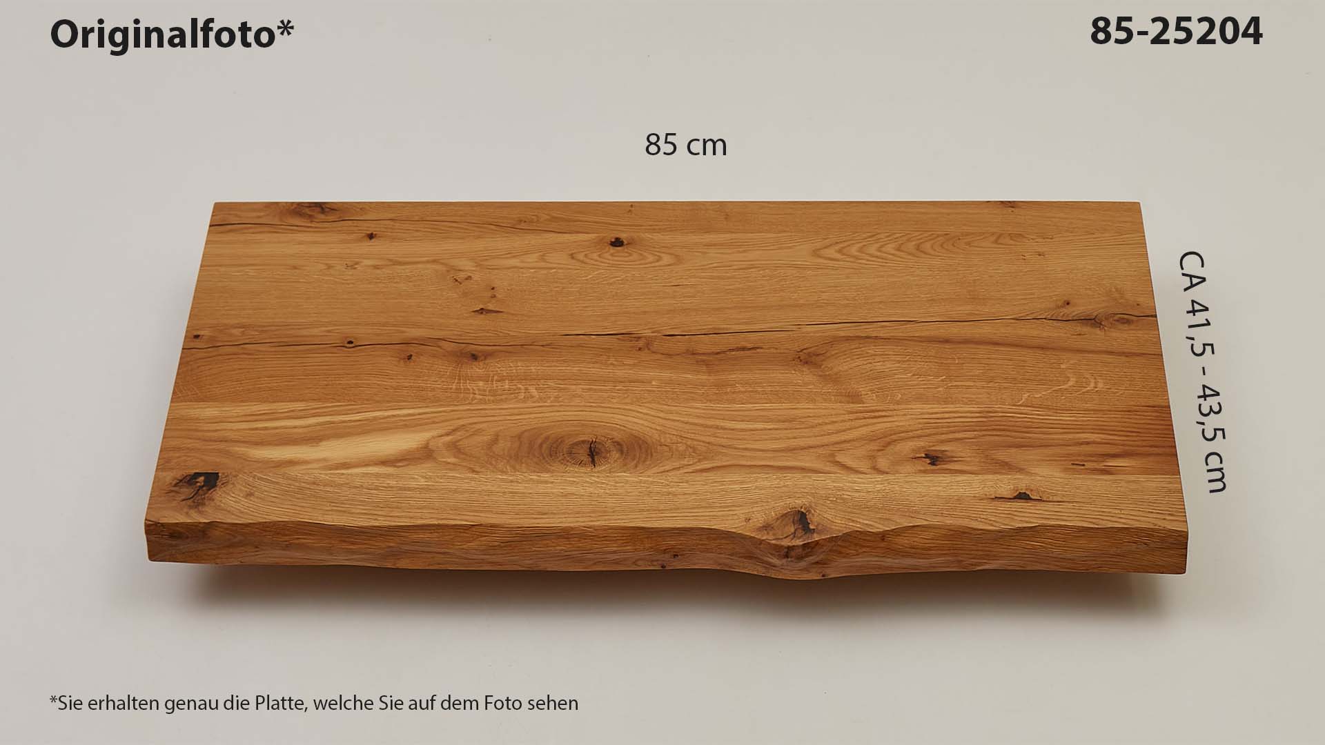Eichenholz-Tischplatte Nummer 85-25204, Länge 85 cm cm, Breite ca. 41.5 cm–43.5 cm, mit gebürsteter Baumkante, geschliffen, 2 Schichten italienisches Öl, Äste und Risse mit Epoxidharz