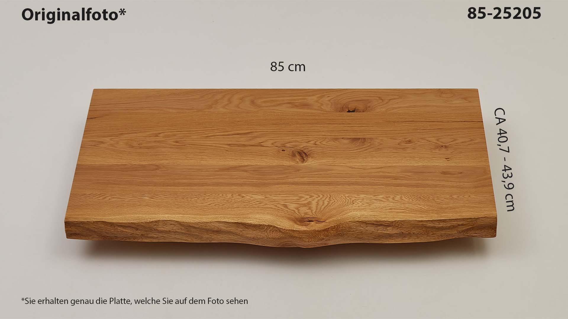 Eichenholz-Tischplatte Nummer 85-25205, Länge 85 cm cm, Breite ca. 40.7 cm–43.9 cm, mit gebürsteter Baumkante, geschliffen, 2 Schichten italienisches Öl, Äste und Risse mit Epoxidharz