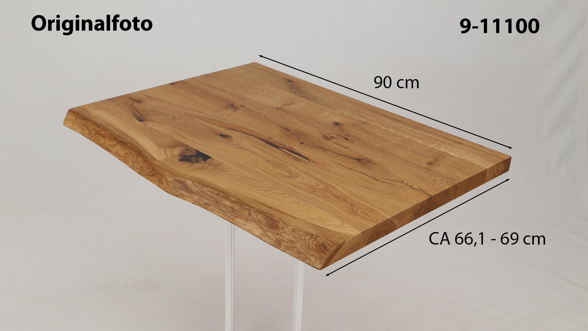 Eichenholz-Tischplatte Nummer 9-11100, Länge 90 cm cm, Breite ca. 66.1 cm–69 cm, mit gebürsteter Baumkante, geschliffen, 2 Schichten italienisches Öl, Äste und Risse mit Epoxidharz