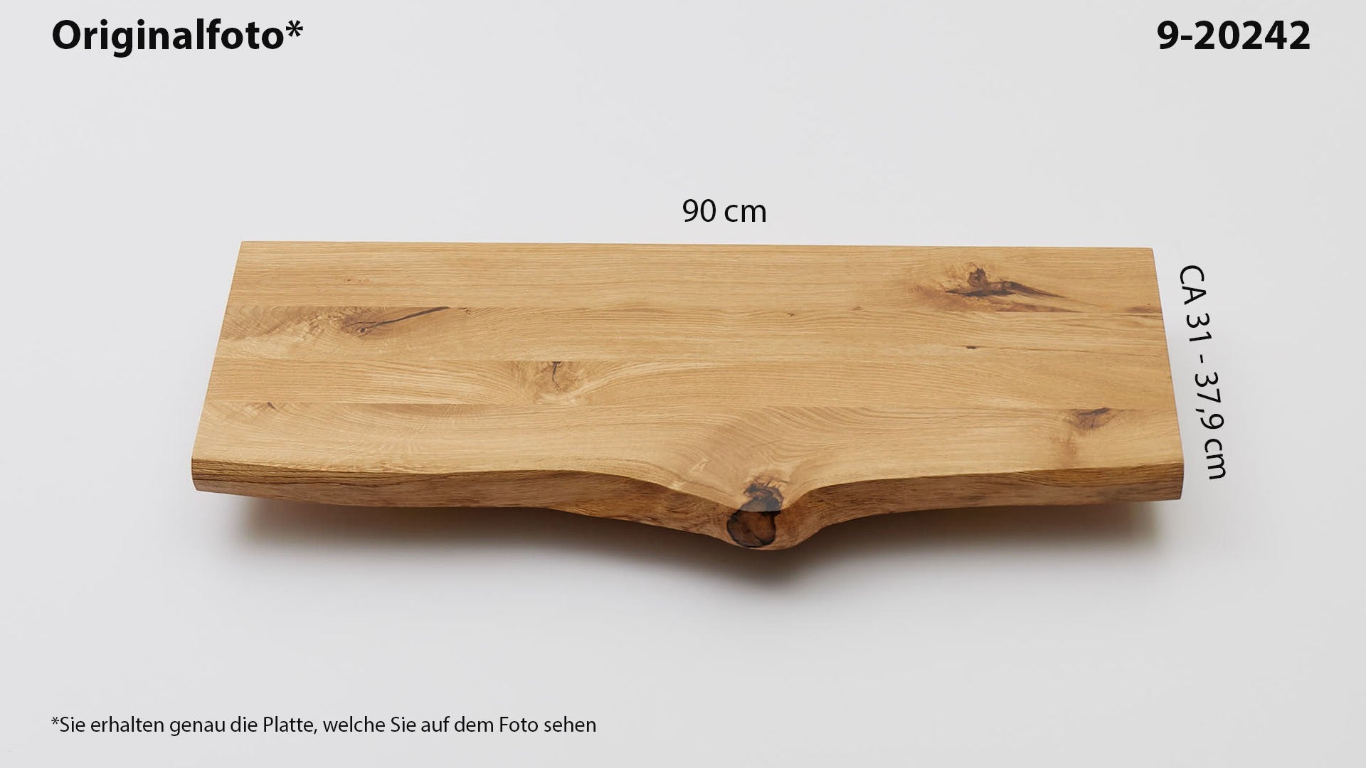 Eichenholz-Tischplatte Nummer 9-20242, Länge 90 cm cm, Breite ca. 31 cm–37.9 cm, mit gebürsteter Baumkante, geschliffen, 2 Schichten italienisches Öl, Äste und Risse mit Epoxidharz