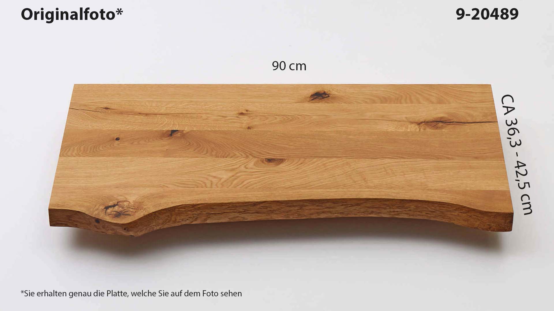 Eichenholz-Tischplatte Nummer 9-20489, Länge 90 cm cm, Breite ca. 36.3 cm–42.5 cm, mit gebürsteter Baumkante, geschliffen, 2 Schichten italienisches Öl, Äste und Risse mit Epoxidharz