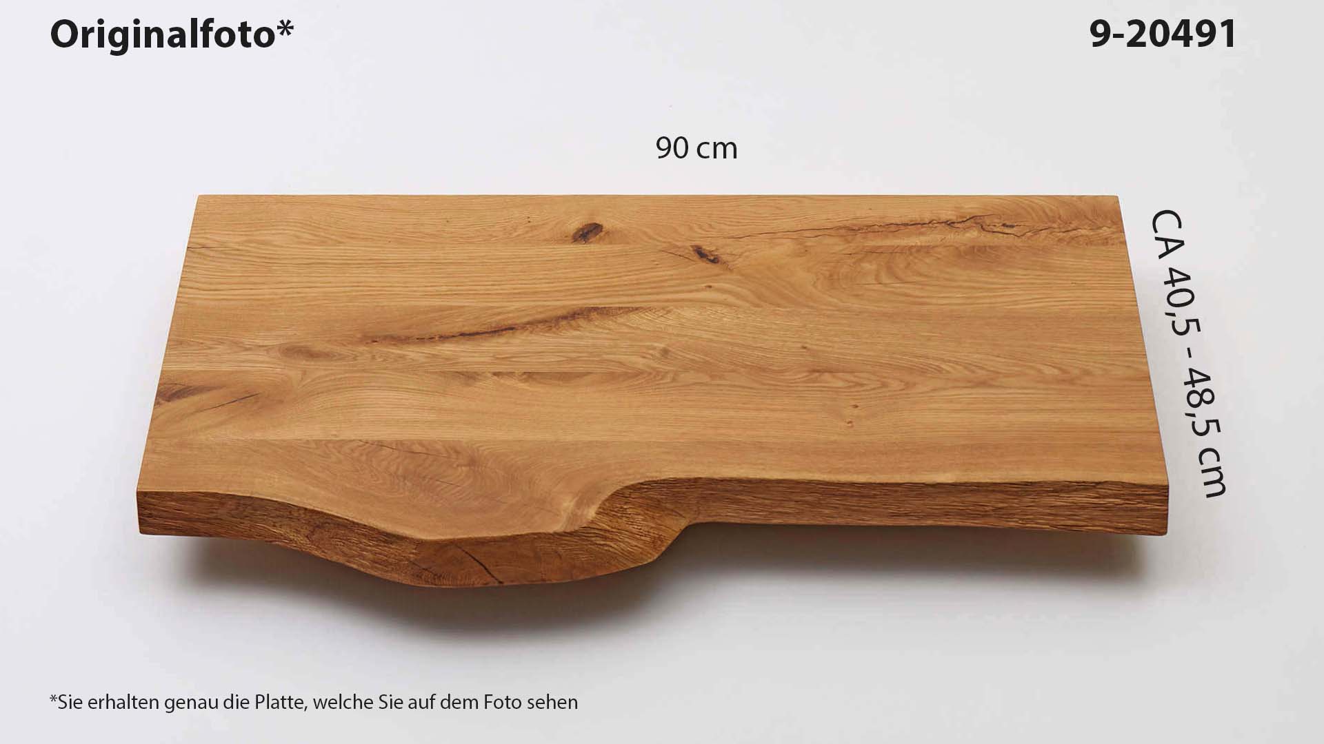 Eichenholz-Tischplatte Nummer 9-20491, Länge 90 cm cm, Breite ca. 40.5 cm–48.5 cm, mit gebürsteter Baumkante, geschliffen, 2 Schichten italienisches Öl, Äste und Risse mit Epoxidharz