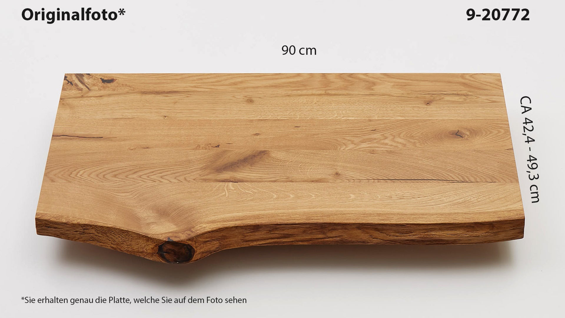 Eichenholz-Tischplatte Nummer 9-20772, Länge 90 cm cm, Breite ca. 42.4 cm–49.3 cm, mit gebürsteter Baumkante, geschliffen, 2 Schichten italienisches Öl, Äste und Risse mit Epoxidharz