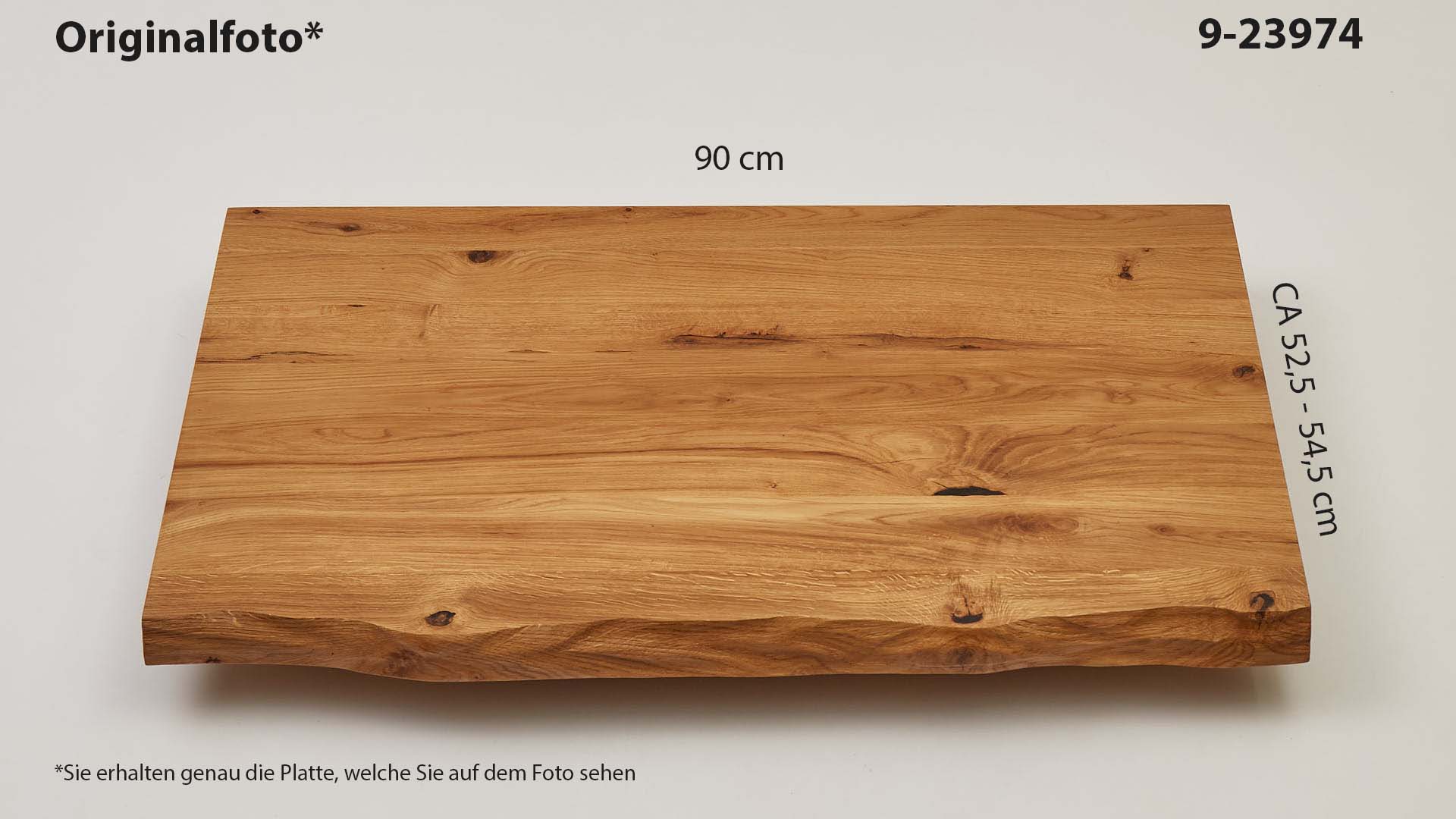 Eichenholz-Tischplatte Nummer 9-23974, Länge 90 cm cm, Breite ca. 52.5 cm–54.5 cm, mit gebürsteter Baumkante, geschliffen, 2 Schichten italienisches Öl, Äste und Risse mit Epoxidharz