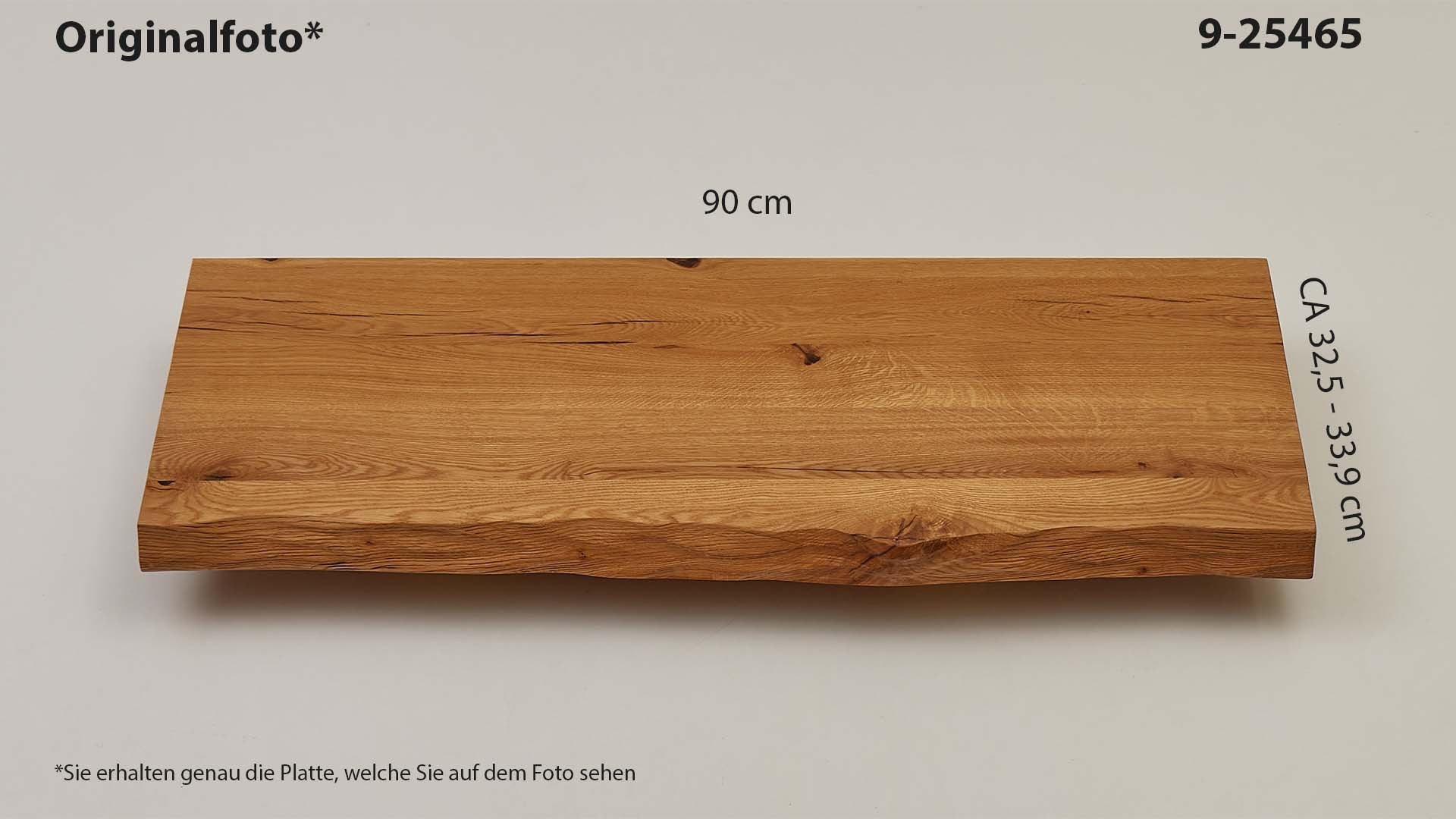 Eichenholz-Tischplatte Nummer 9-25465, Länge 90 cm cm, Breite ca. 32.5 cm–33.9 cm, mit gebürsteter Baumkante, geschliffen, 2 Schichten italienisches Öl, Äste und Risse mit Epoxidharz