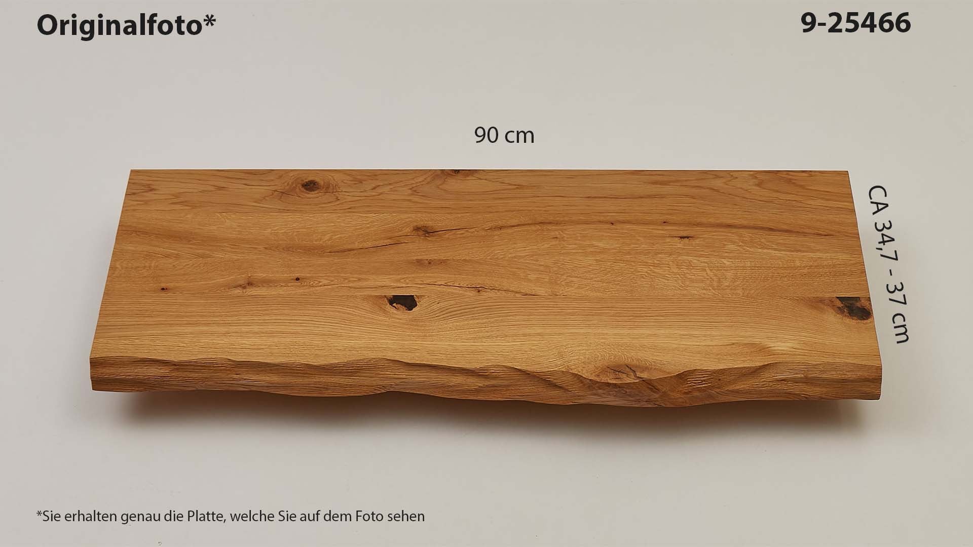 Eichenholz-Tischplatte Nummer 9-25466, Länge 90 cm cm, Breite ca. 34.7 cm–37 cm, mit gebürsteter Baumkante, geschliffen, 2 Schichten italienisches Öl, Äste und Risse mit Epoxidharz