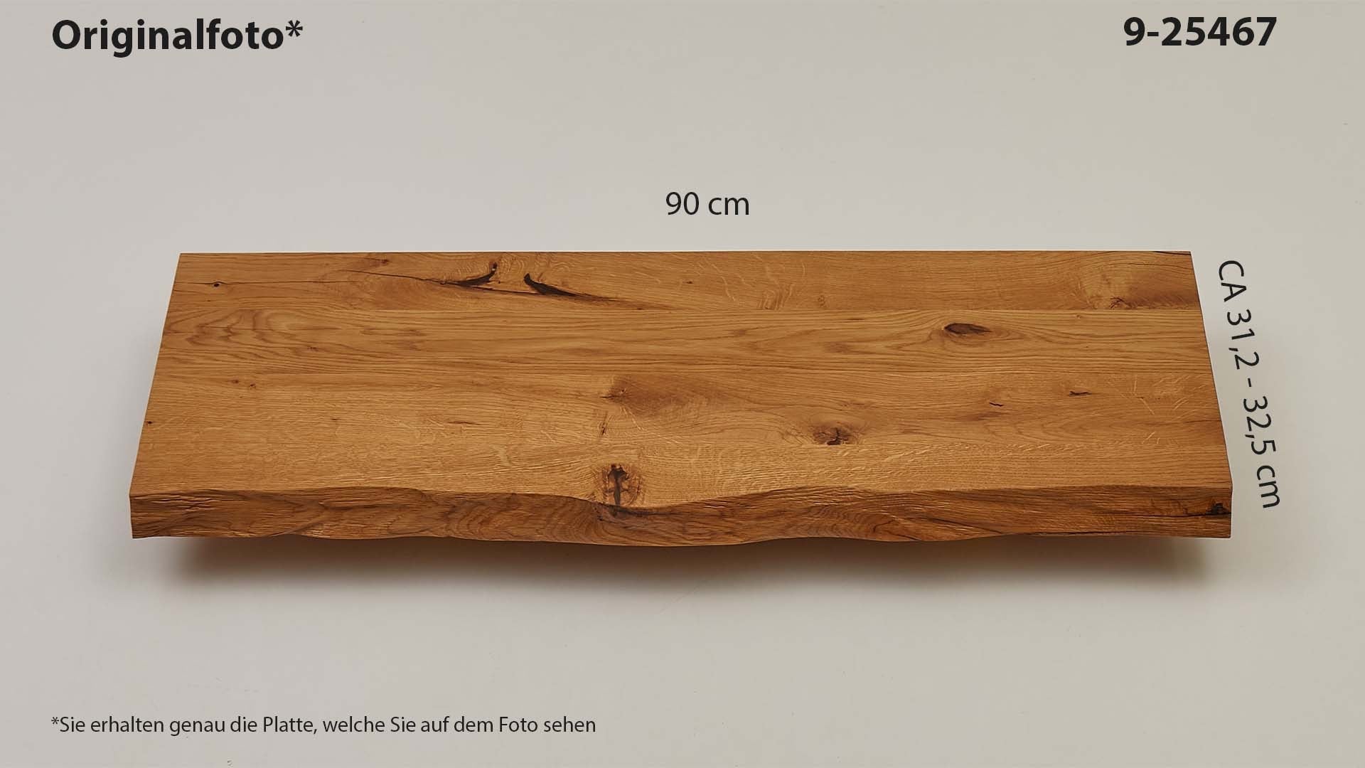 Eichenholz-Tischplatte Nummer 9-25467, Länge 90 cm cm, Breite ca. 31.2 cm–32.5 cm, mit gebürsteter Baumkante, geschliffen, 2 Schichten italienisches Öl, Äste und Risse mit Epoxidharz