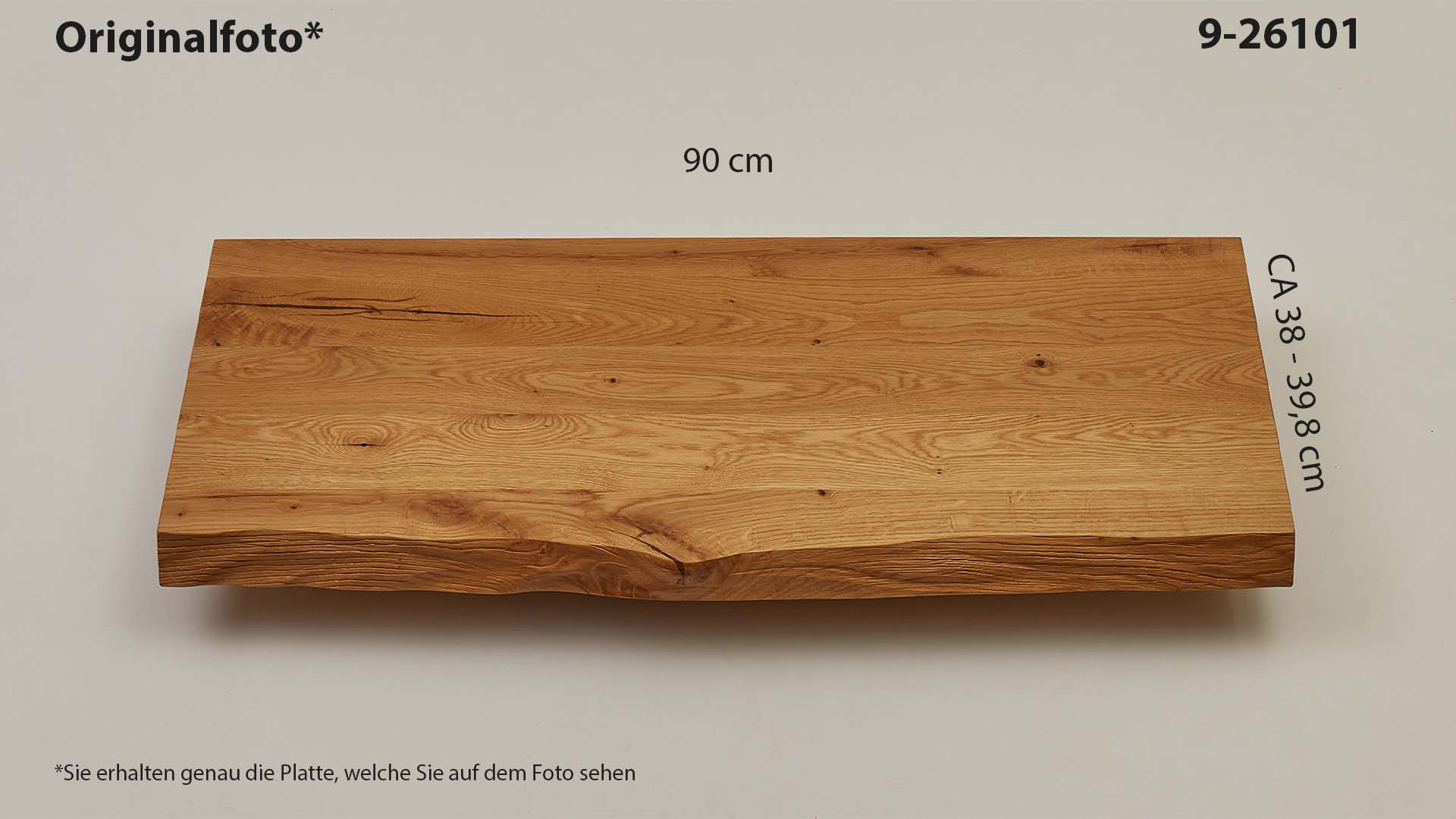 Eichenholz-Tischplatte Nummer 9-26101, Länge 90 cm cm, Breite ca. 38 cm–39.8 cm, mit gebürsteter Baumkante, geschliffen, 2 Schichten italienisches Öl, Äste und Risse mit Epoxidharz