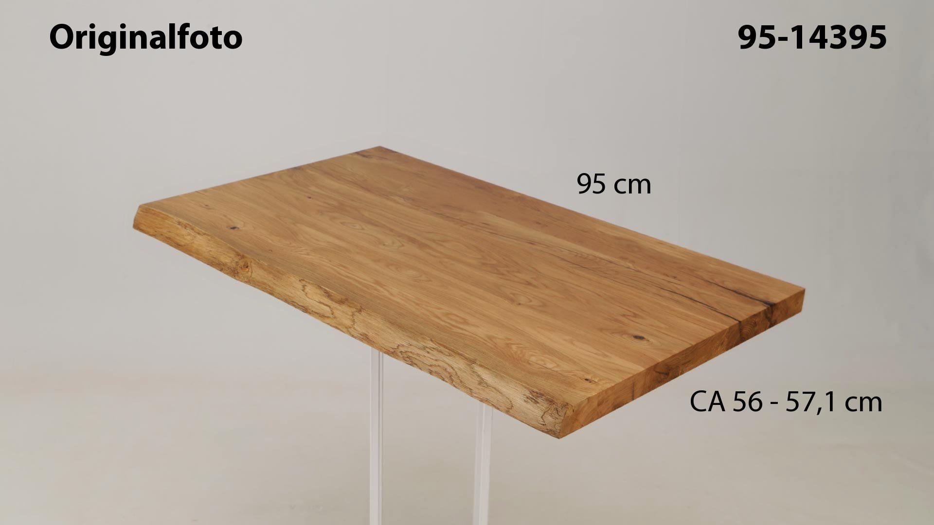 Eichenholz-Tischplatte Nummer 95-14395, Länge 95 cm cm, Breite ca. 56 cm–57.1 cm, mit gebürsteter Baumkante, geschliffen, 2 Schichten italienisches Öl, Äste und Risse mit Epoxidharz