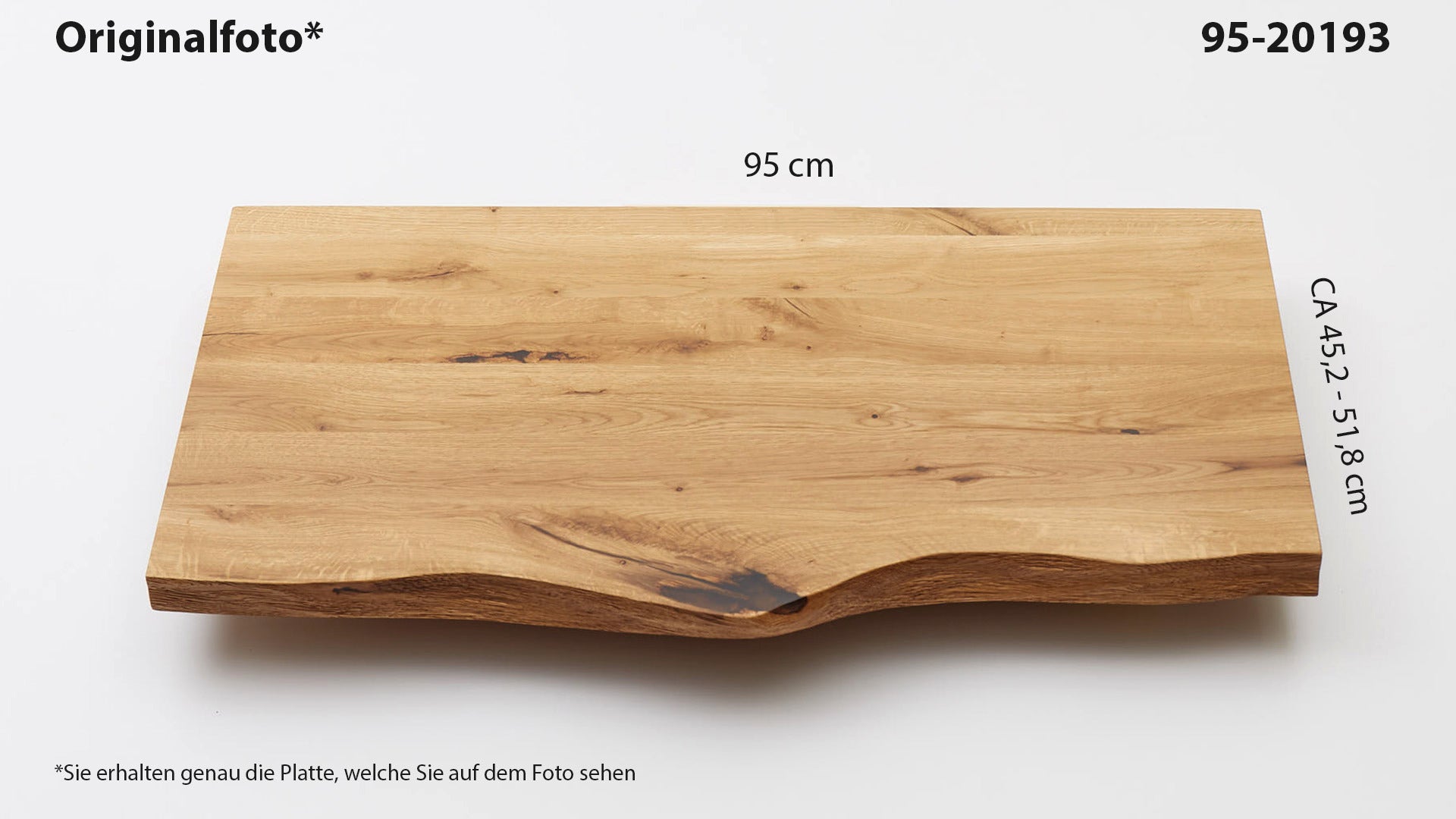 Eichenholz-Tischplatte Nummer 95-20193, Länge 95 cm cm, Breite ca. 45.2 cm–51.8 cm, mit gebürsteter Baumkante, geschliffen, 2 Schichten italienisches Öl, Äste und Risse mit Epoxidharz