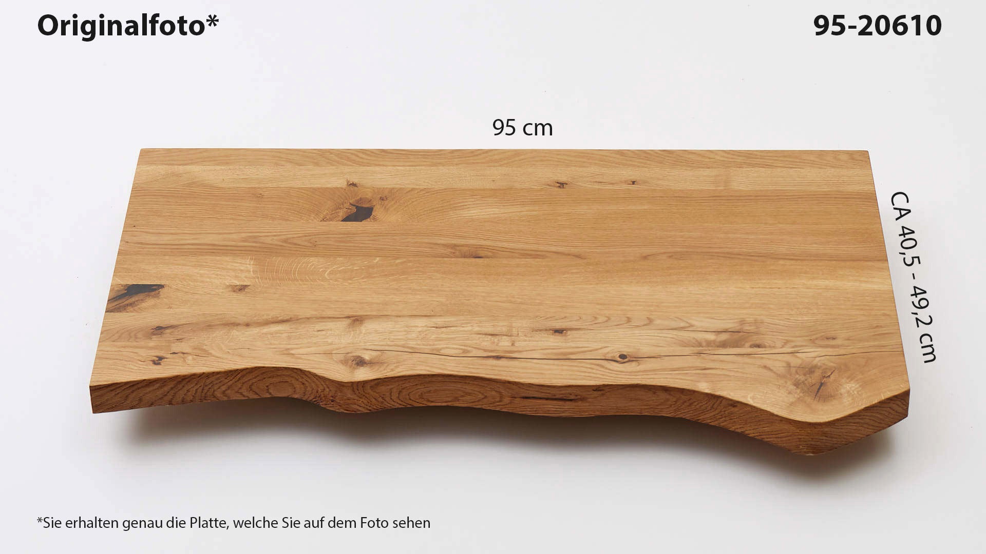 Eichenholz-Tischplatte Nummer 95-20610, Länge 95 cm cm, Breite ca. 40.5 cm–49.2 cm, mit gebürsteter Baumkante, geschliffen, 2 Schichten italienisches Öl, Äste und Risse mit Epoxidharz