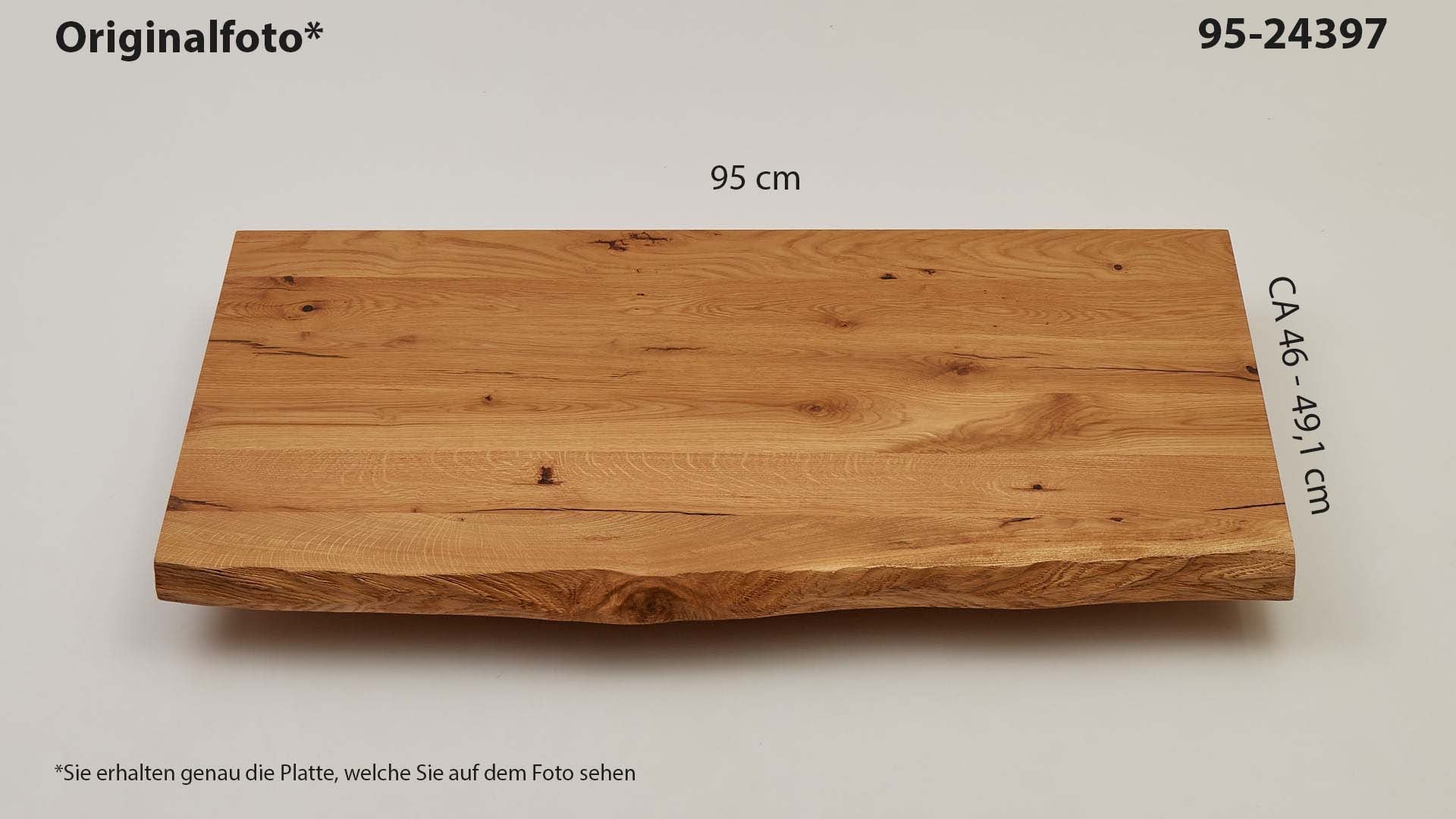 Eichenholz-Tischplatte Nummer 95-24397, Länge 95 cm cm, Breite ca. 46 cm–49.1 cm, mit gebürsteter Baumkante, geschliffen, 2 Schichten italienisches Öl, Äste und Risse mit Epoxidharz